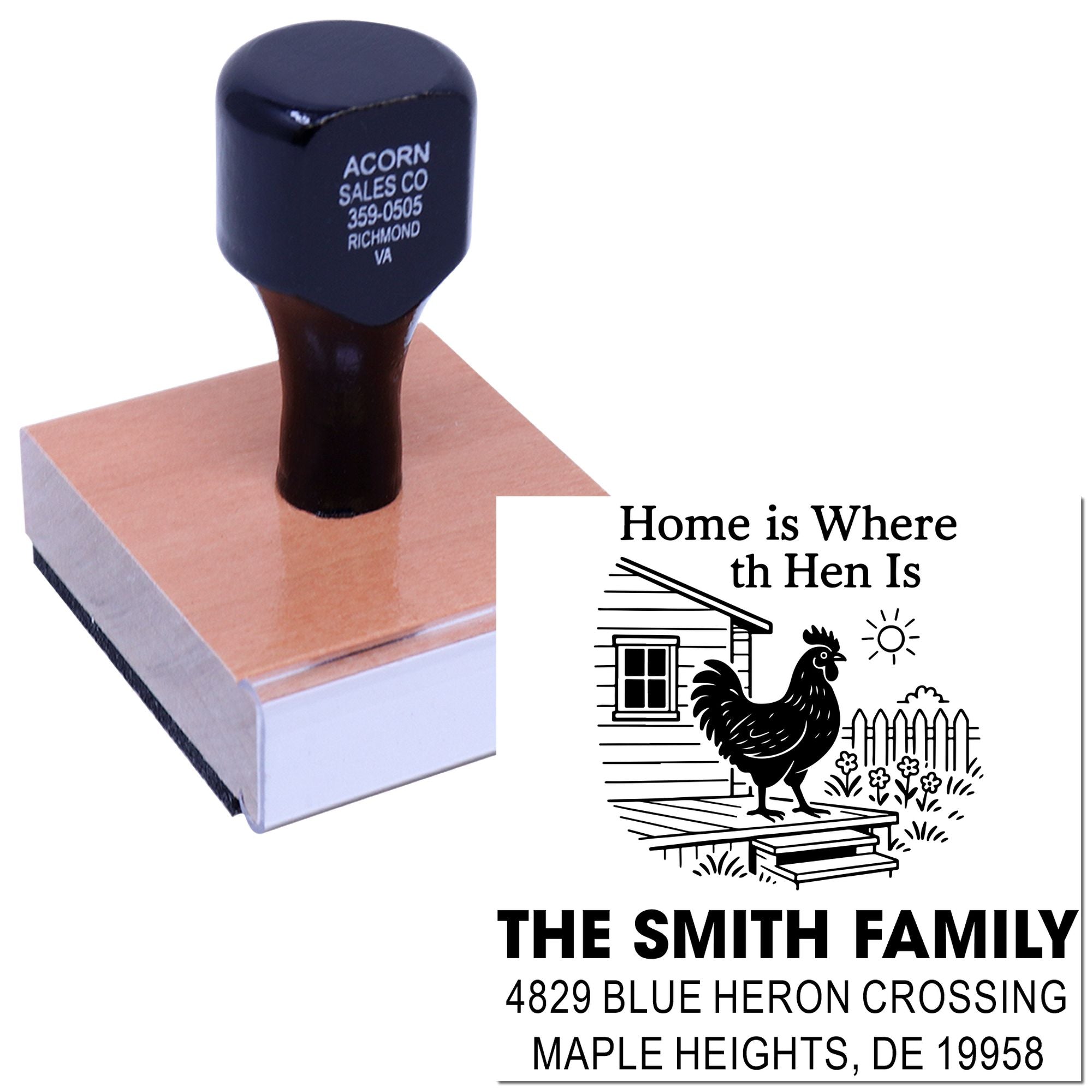 Personalized self-inking rubber stamp with farmhouse chicken return address design for custom family mailings