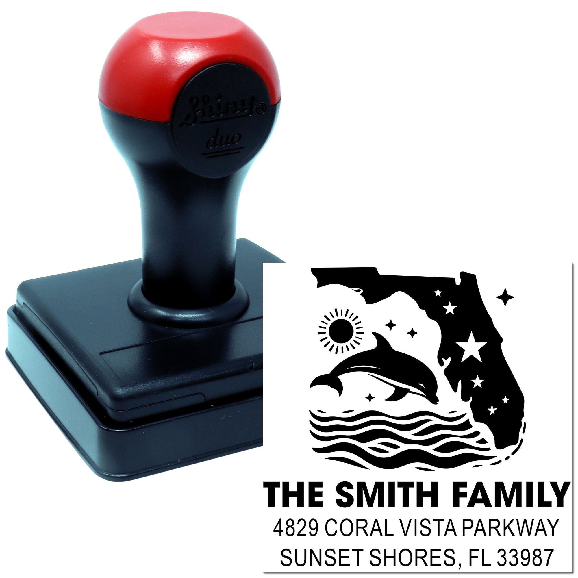 Custom Florida self-inking rubber stamp with dolphin design for personalized family return address imprint