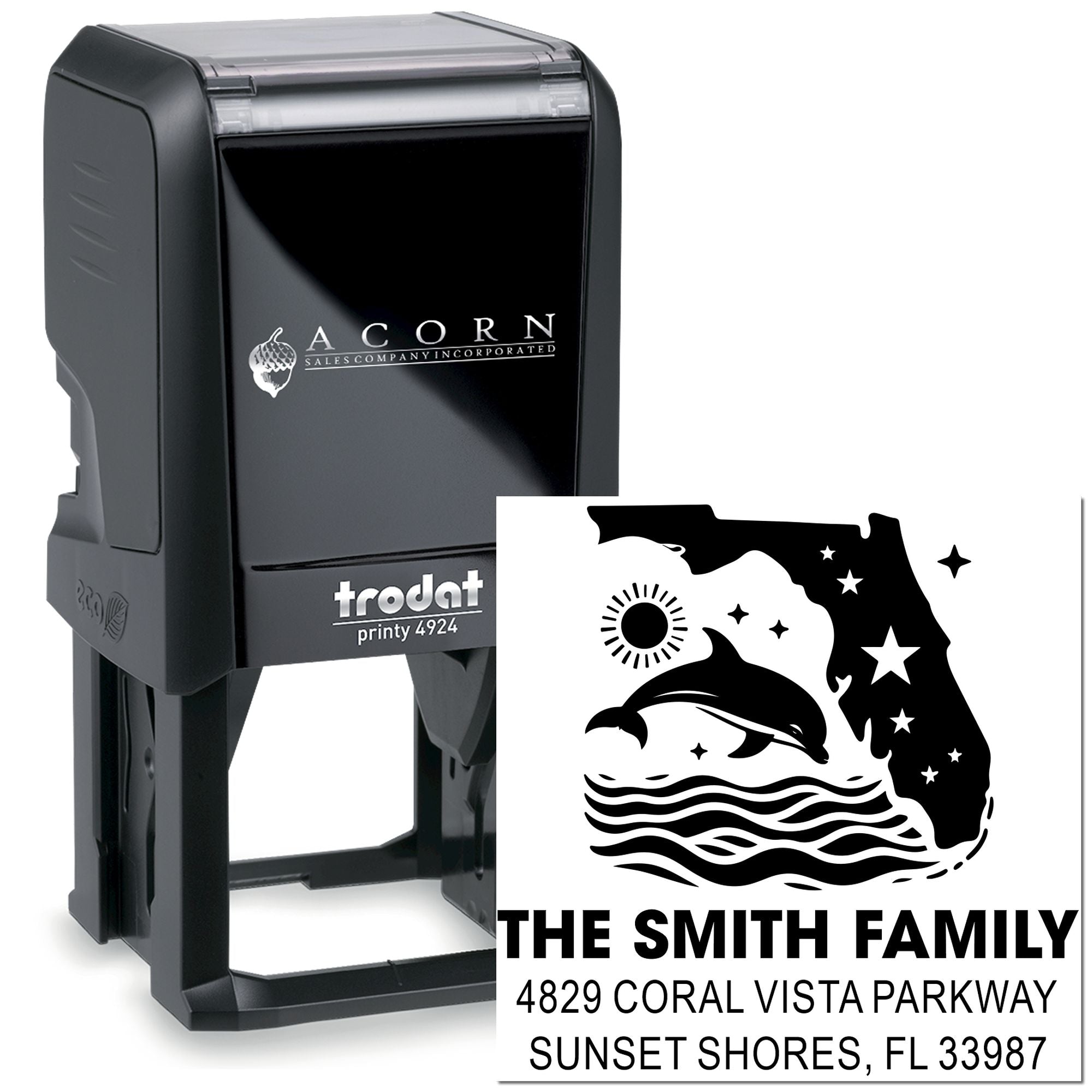 Custom self-inking rubber address stamp with Florida family dolphin design, Trodat Printy 4924