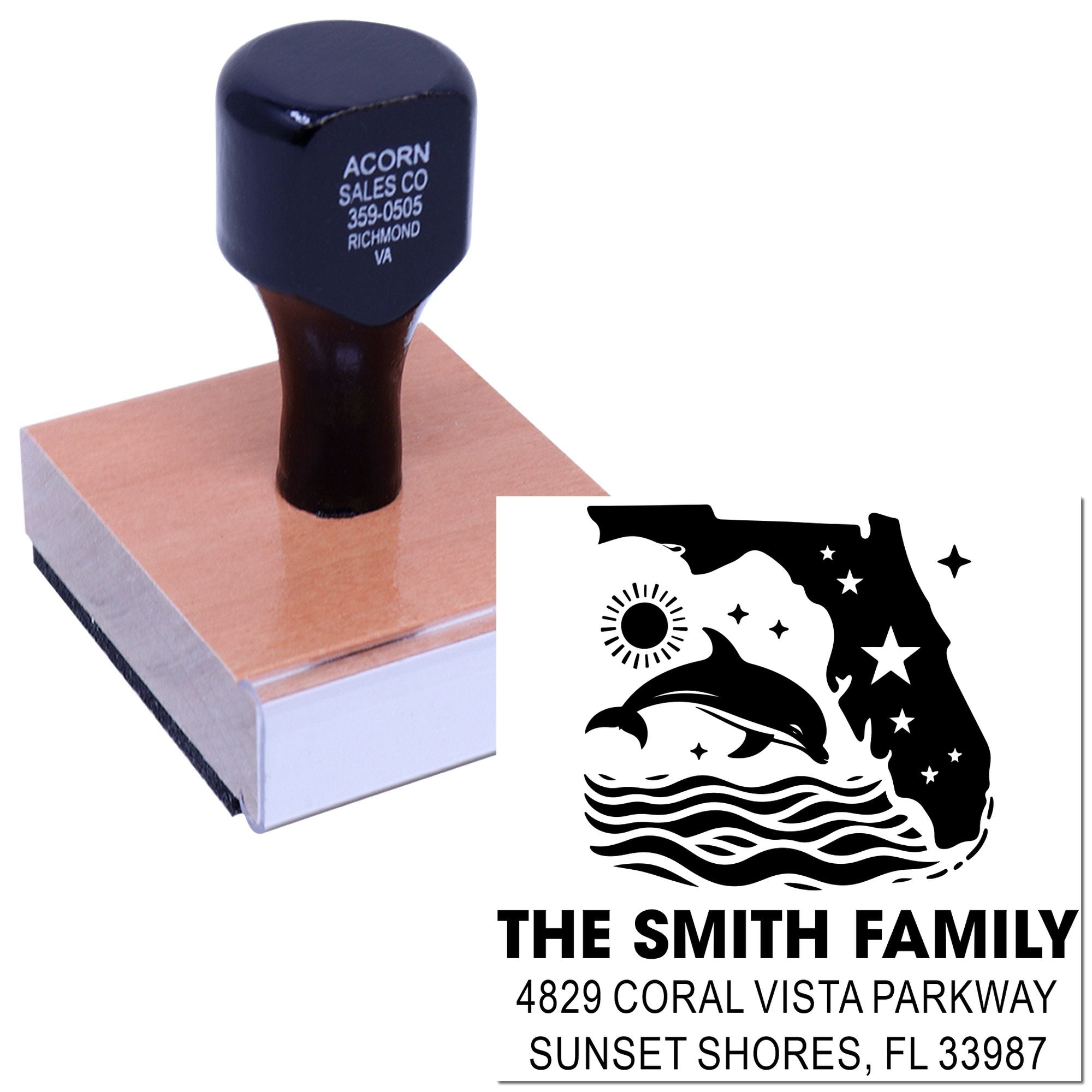 Custom Florida return address rubber stamp with dolphin design, ideal for family mailings and address labeling.
