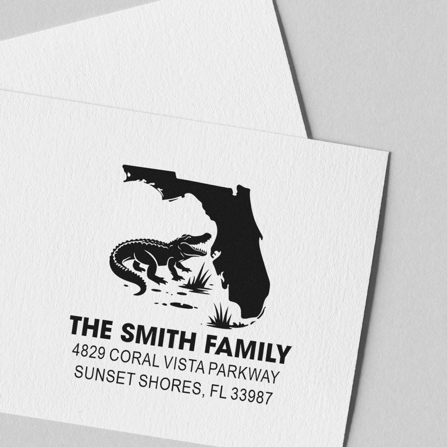 Personalized address rubber stamp with Florida alligator design for The Smith Family in Sunset Shores, FL.