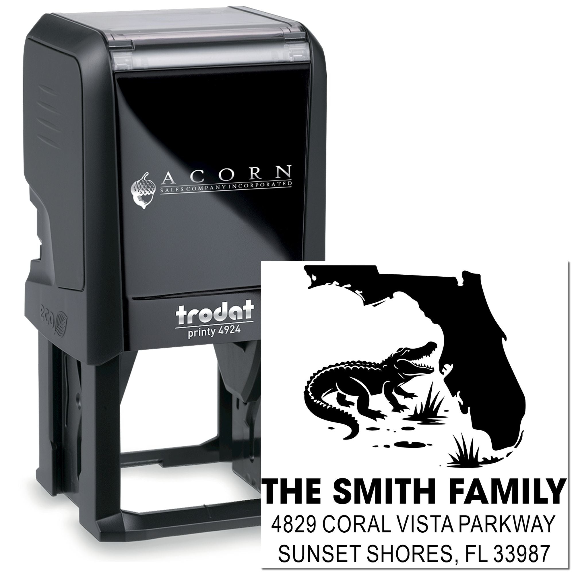 Custom self-inking rubber stamp, Trodat Printy 4924, with Florida alligator family address design for personalized mailing.