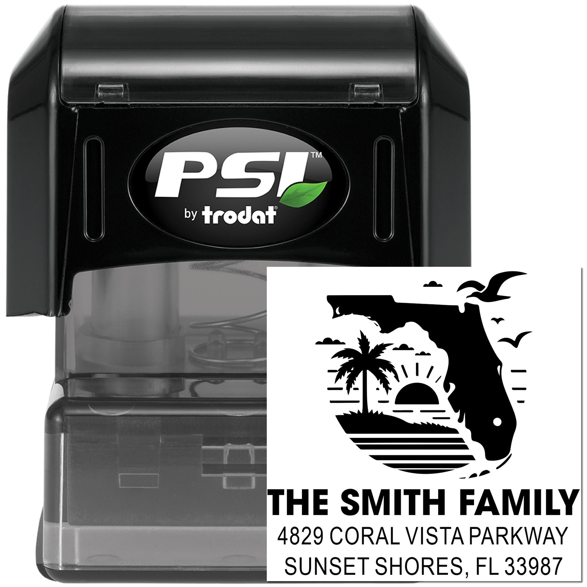 PSI by Trodat custom address rubber stamp with Florida beach design for family mailings and personalized envelopes.