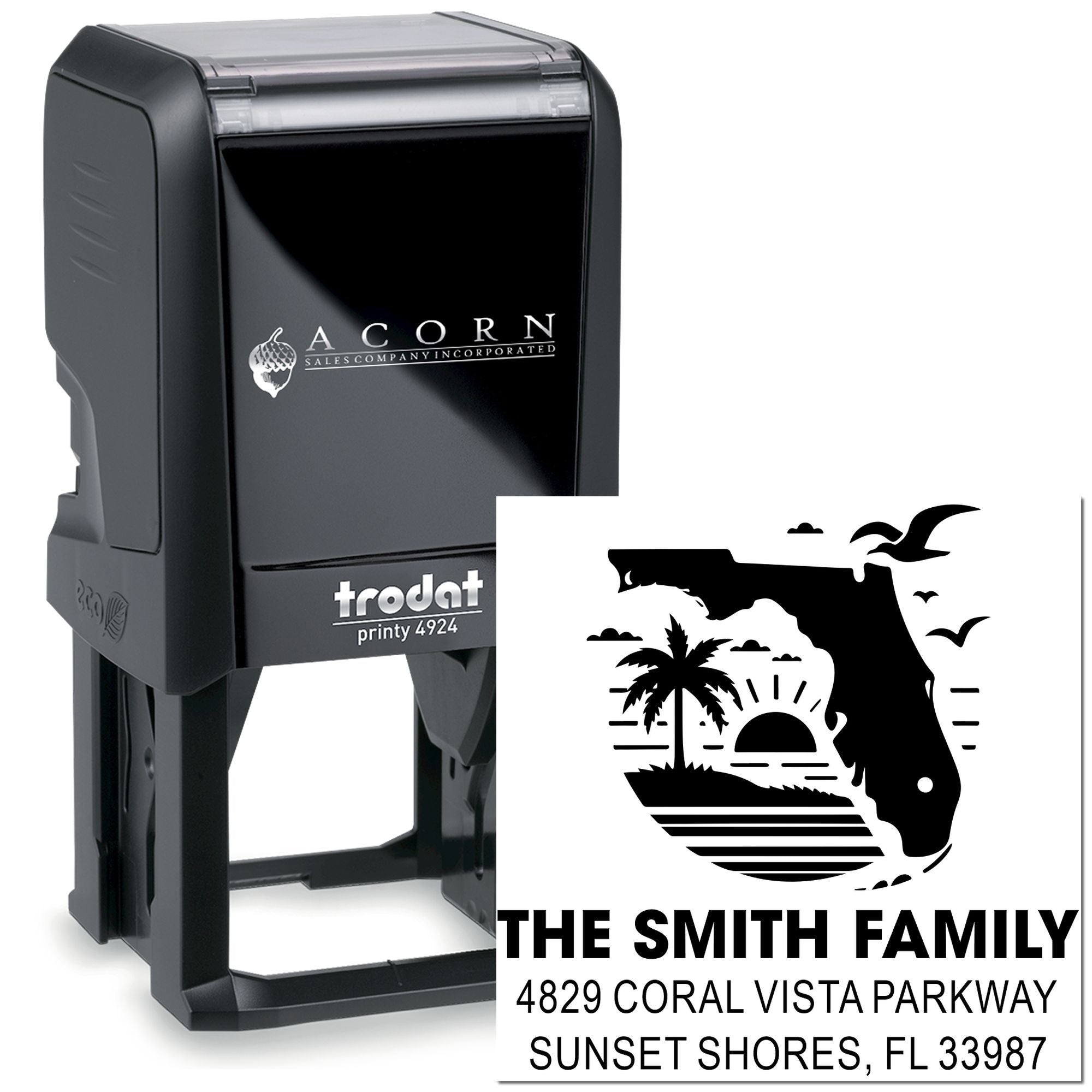 Custom self-inking rubber stamp with Florida family return address design for personalized mailing, Trodat Printy 4924.