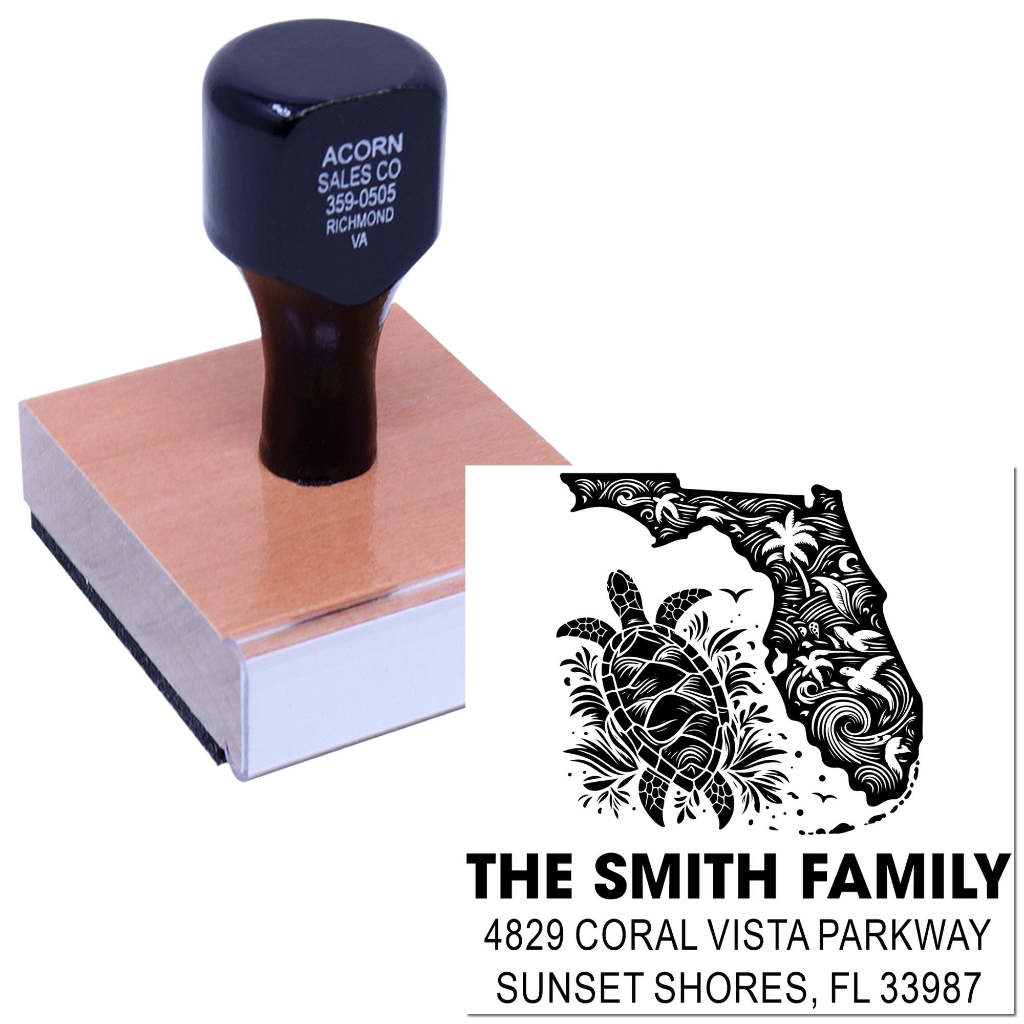 Custom rubber address stamp with Florida family return address design for personalized mailings and invitations