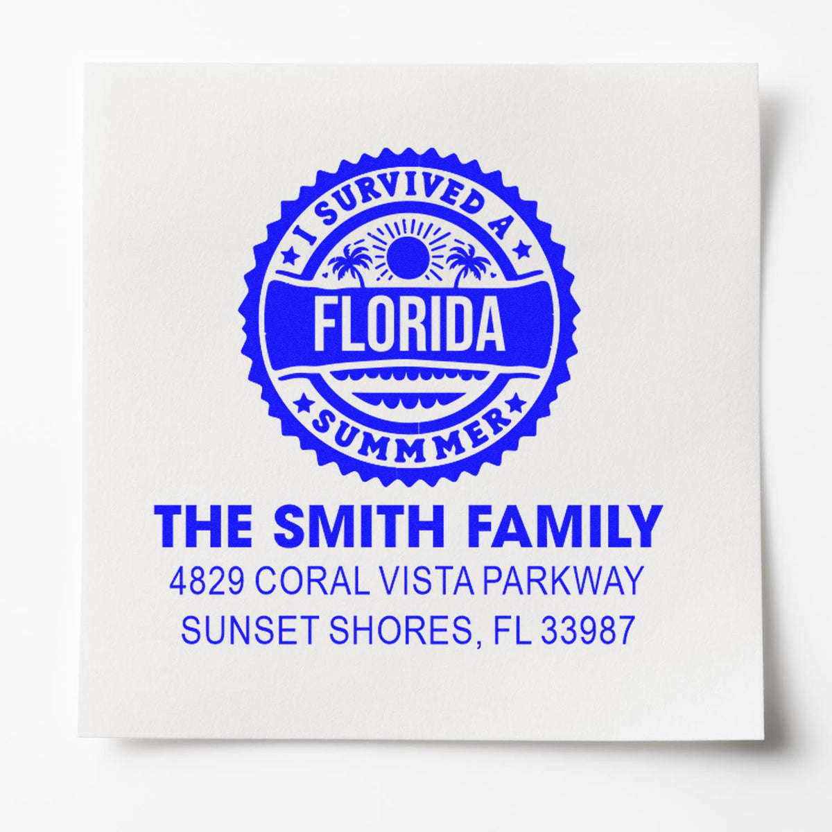 Custom return address rubber stamp with I Survived a Florida Summer design for The Smith Family in Sunset Shores, FL.