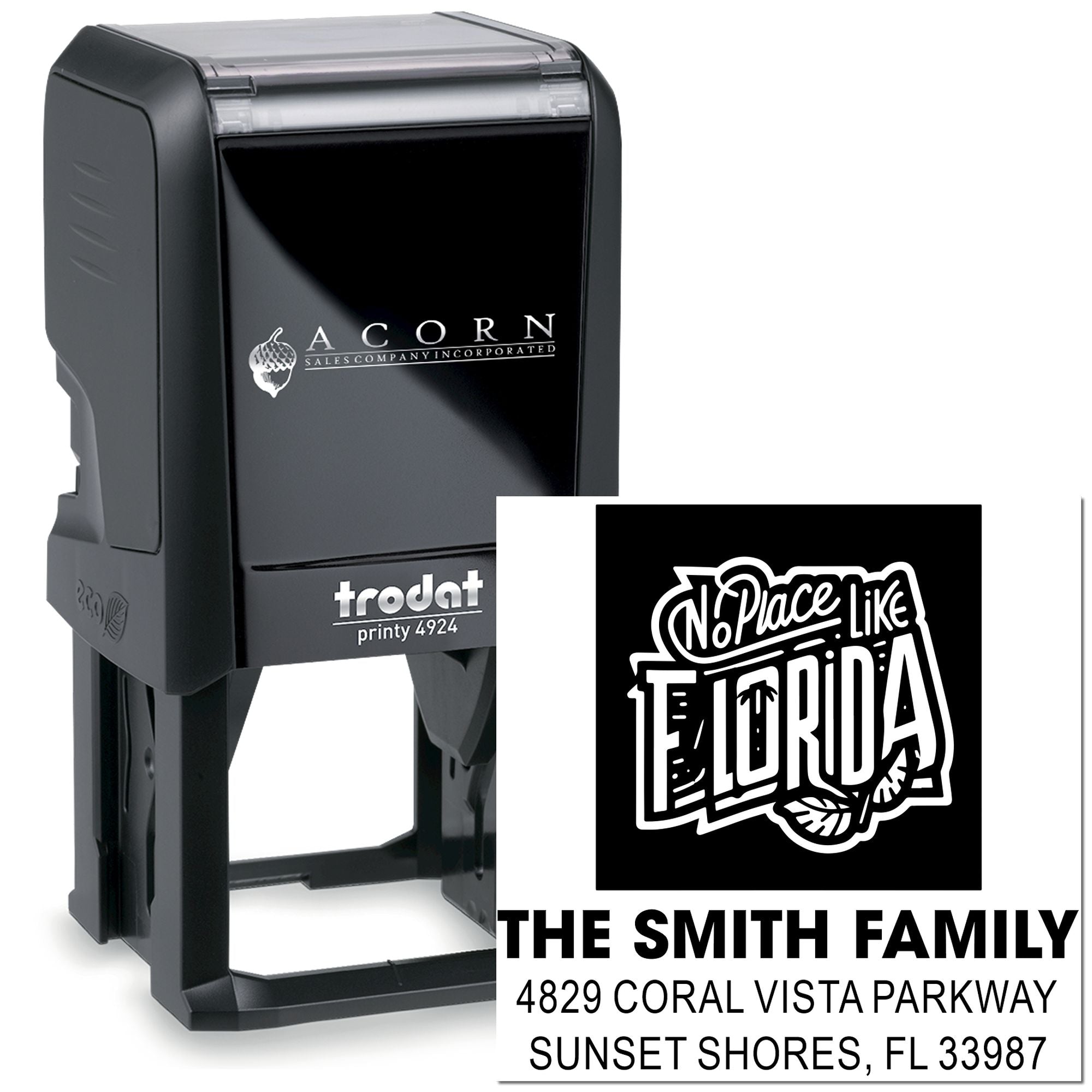 Trodat Printy 4924 custom self-inking rubber stamp with "No Place Like Florida" design and Smith family return address.