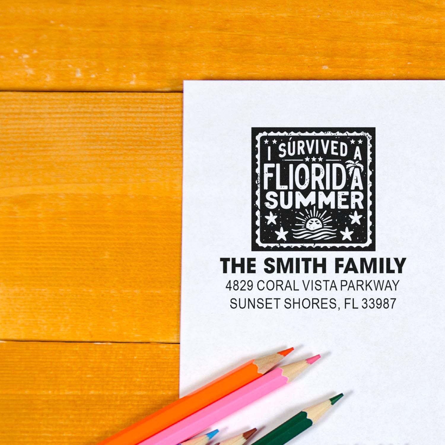 Custom Florida summer return address rubber stamp for The Smith Family with playful vacation design and address imprint.