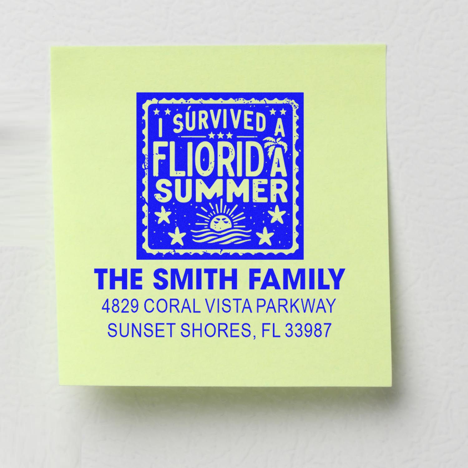 Custom rubber stamp for family address labels with I Survived a Florida Summer design and personalized name and address.