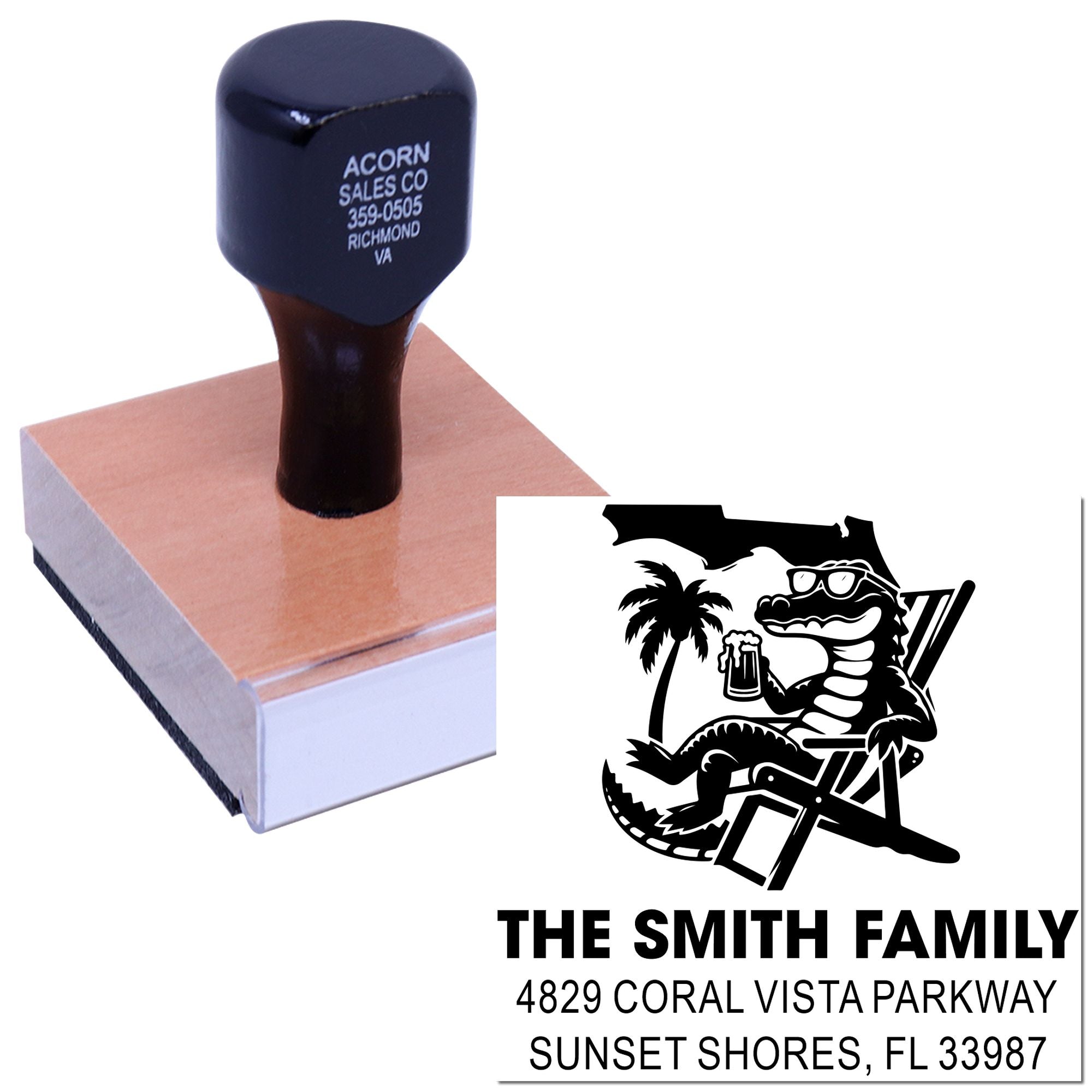 Custom rubber stamp with family name, address, and Florida alligator design for personalized mailing and address labeling