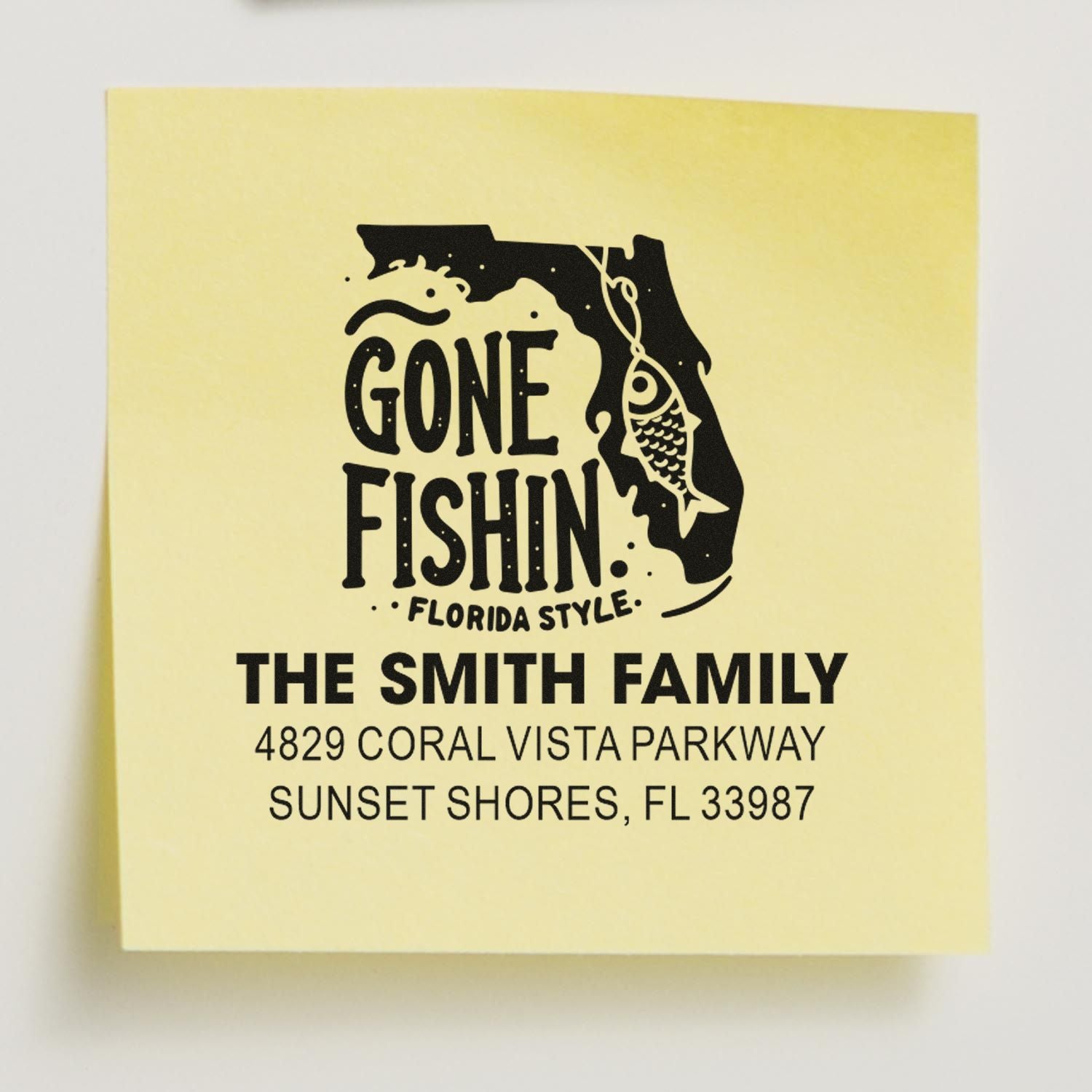 Custom rubber stamp design with Gone Fishin Florida Style, The Smith Family return address, for personalized mailings.