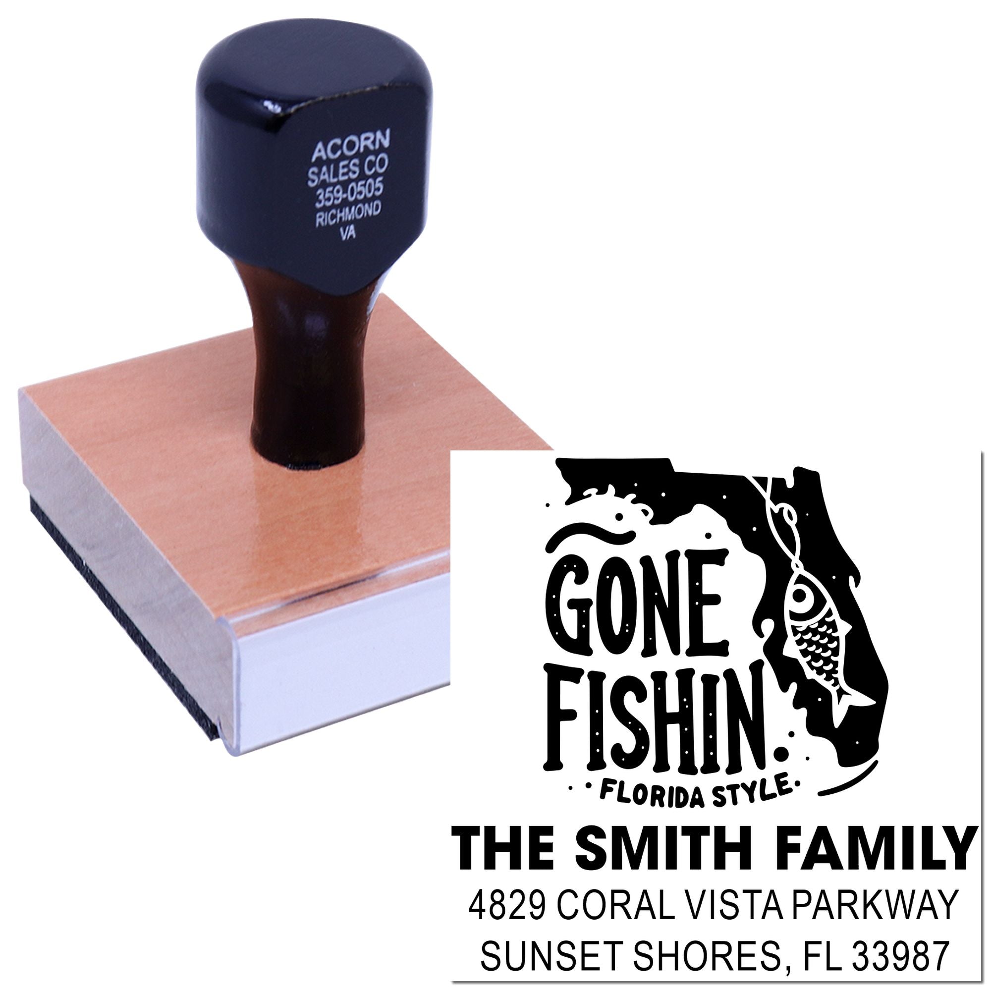 Custom rubber address stamp with Gone Fishin Florida Style design and personalized family name imprint.