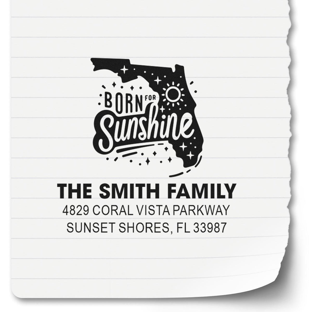 Custom Florida return address rubber stamp with Born for Sunshine design for The Smith Family, Sunset Shores, FL 33987