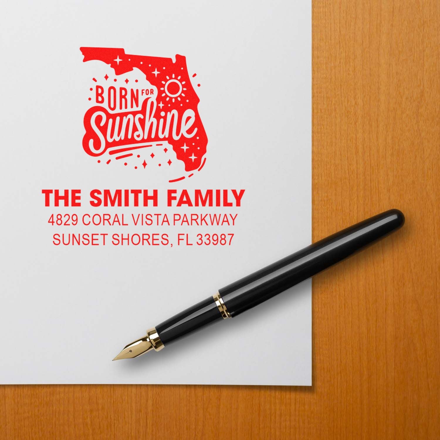 Personalized Florida return address rubber stamp for The Smith Family with Born for Sunshine design.