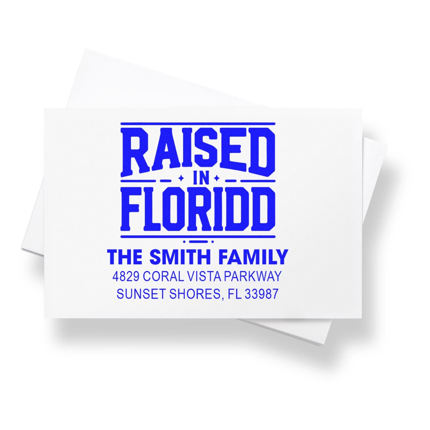Personalized family address rubber stamp with Raised in Florida design for The Smith Family, Sunset Shores, FL.