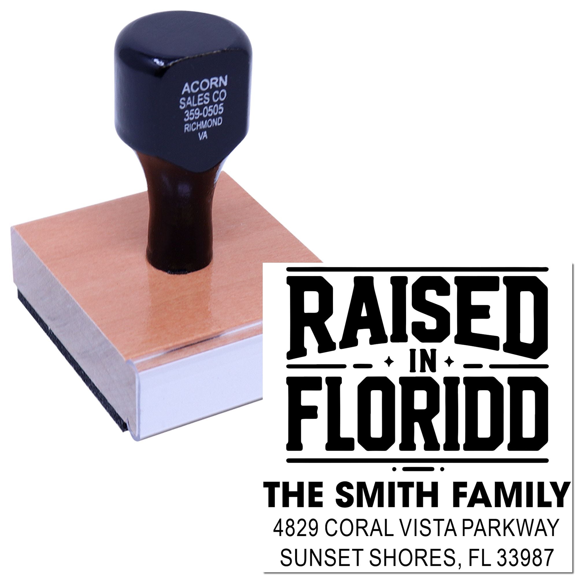 Custom rubber address stamp with Raised in Florida design and The Smith Family return address logo