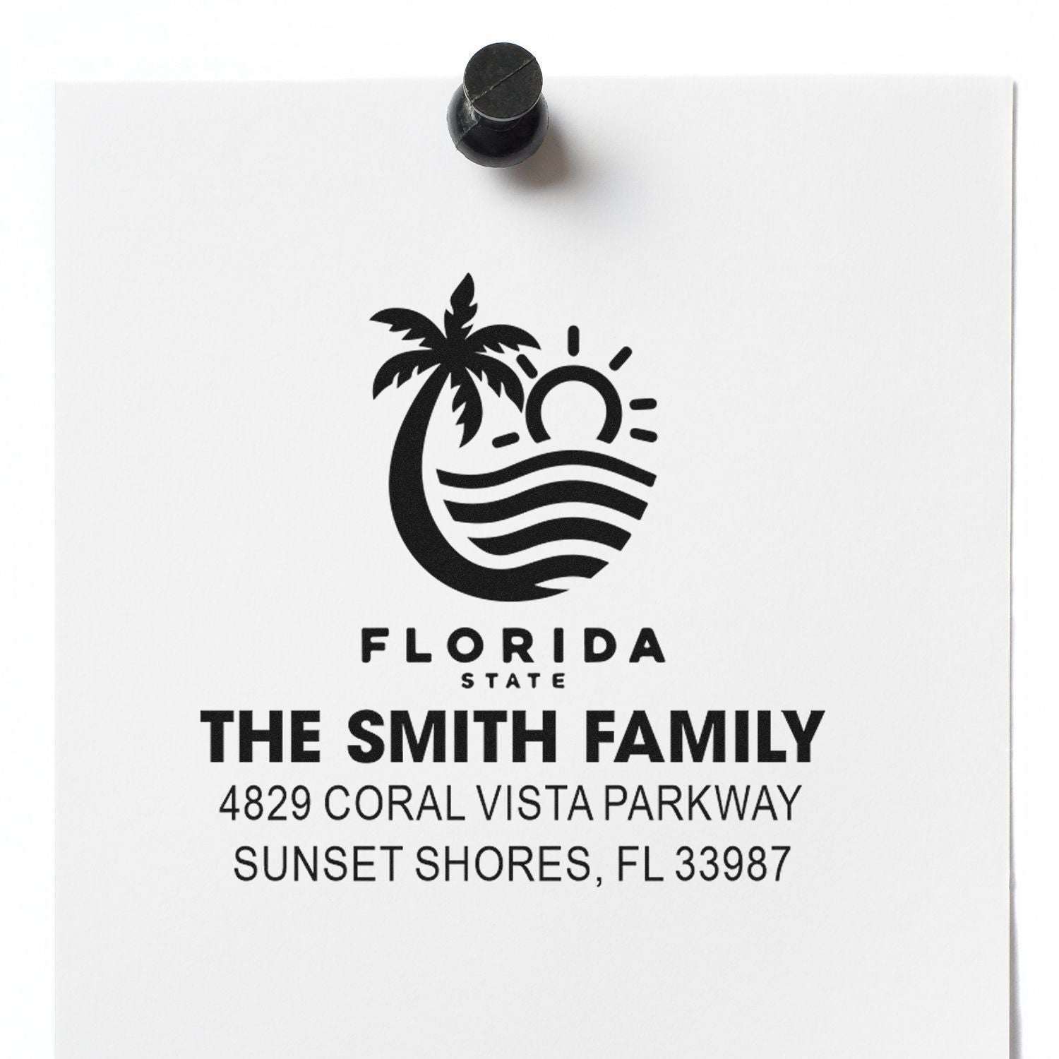 Personalized Florida return address rubber stamp for The Smith Family, with palm tree logo and Sunset Shores, FL 33987.