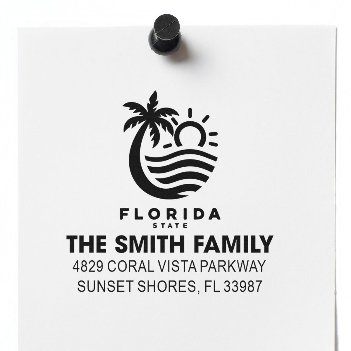 Custom Florida address rubber stamp for The Smith Family with palm tree logo and Sunset Shores mailing address.