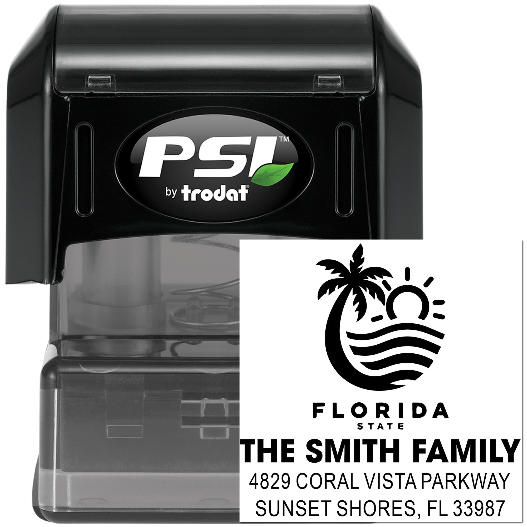 PSI by Trodat custom self-inking Florida return address stamp with palm tree design for The Smith Family.