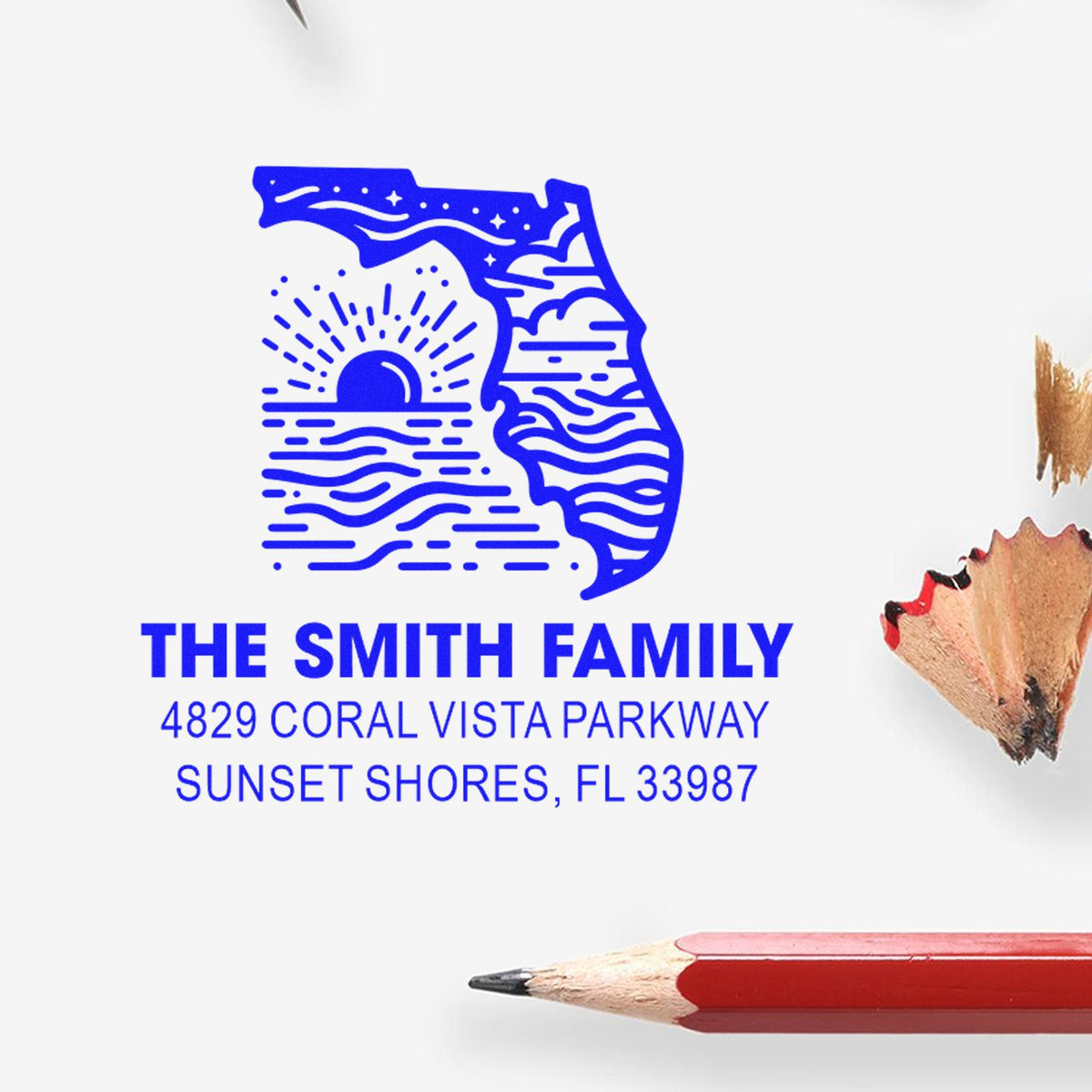 Personalized Florida family return address rubber stamp for The Smith Family, Coral Vista Parkway, Sunset Shores, FL 33987