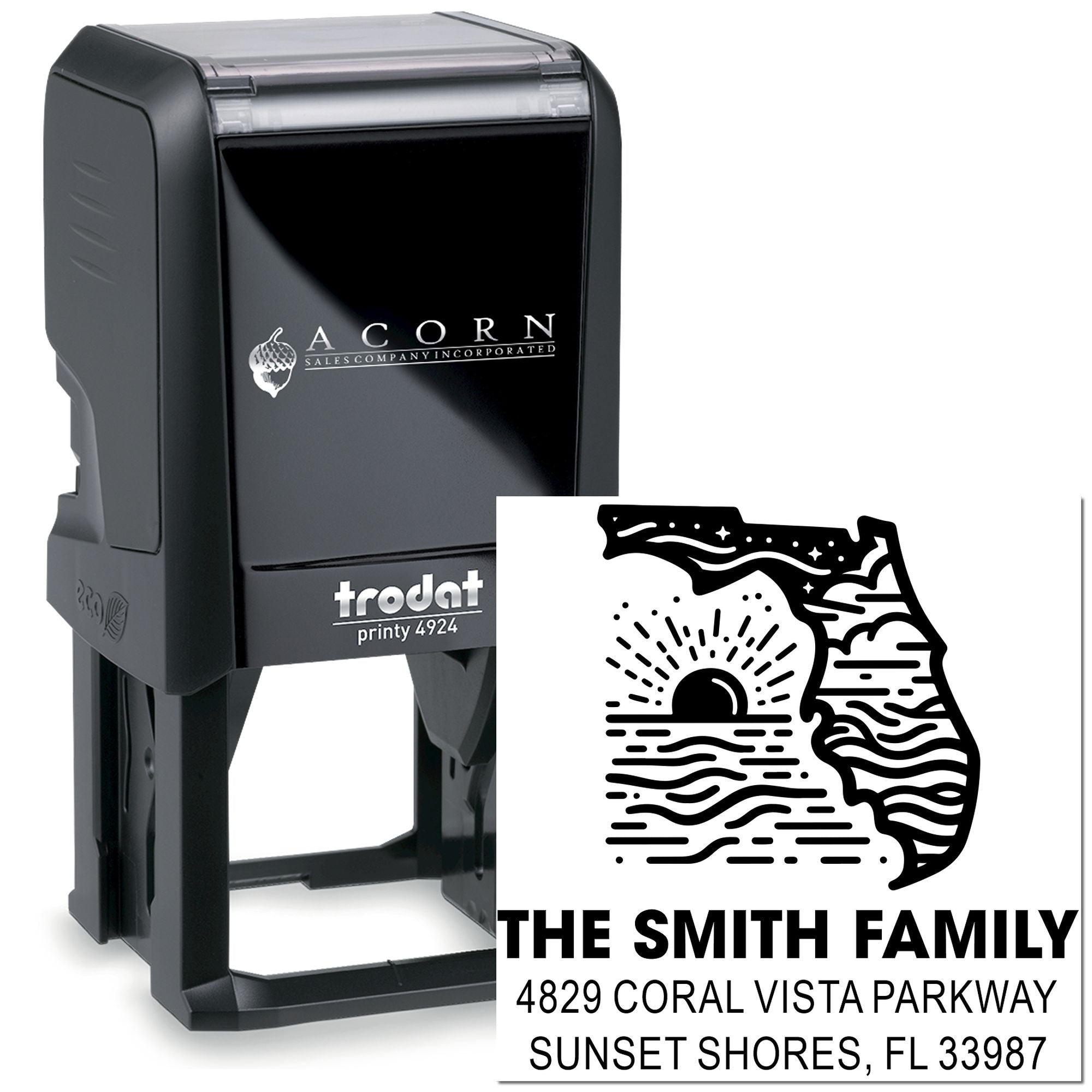 Custom self-inking rubber stamp for return address labels, featuring The Smith Family and Sunset Shores, FL imprint.