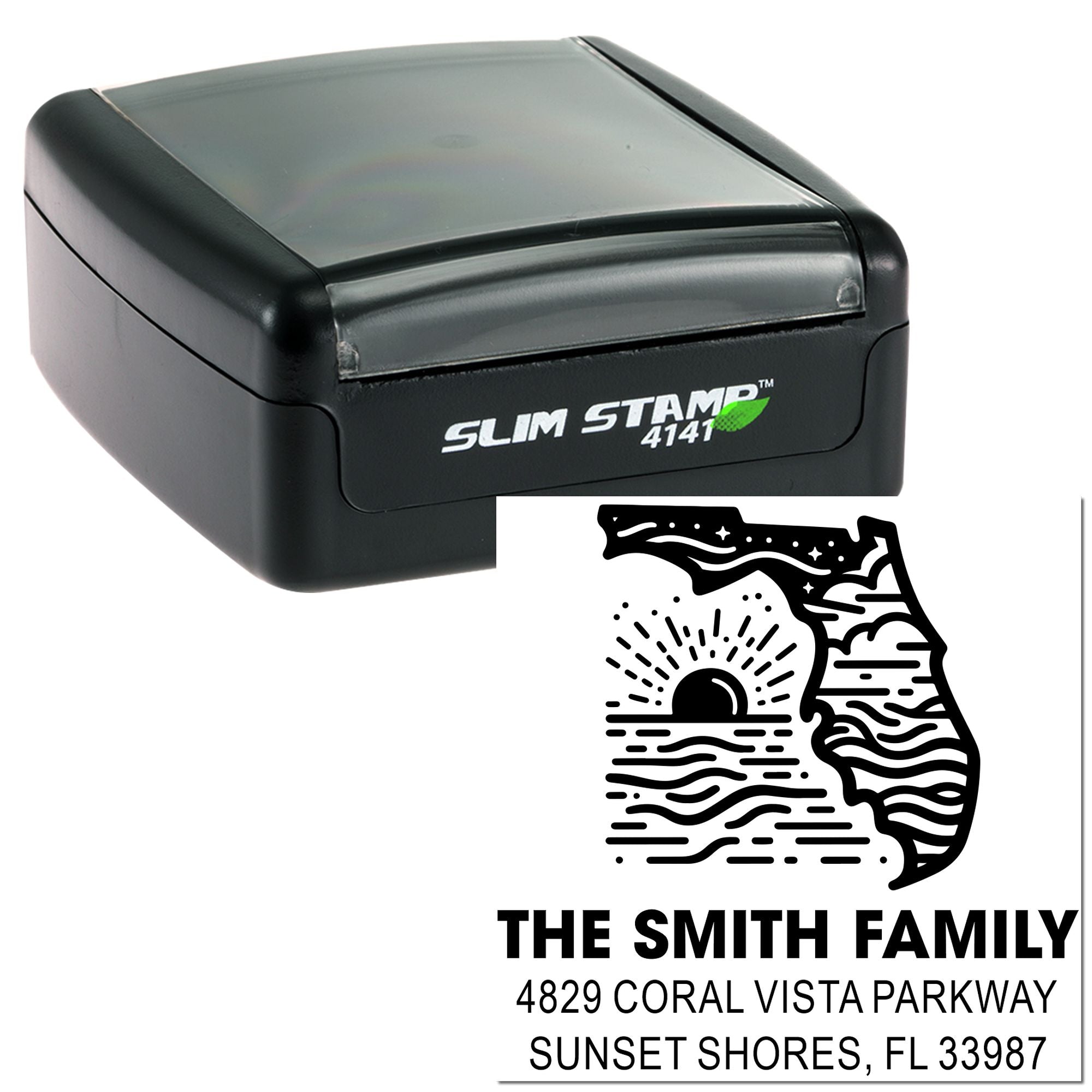 Custom self-inking rubber address stamp featuring Florida return address design for The Smith Family.