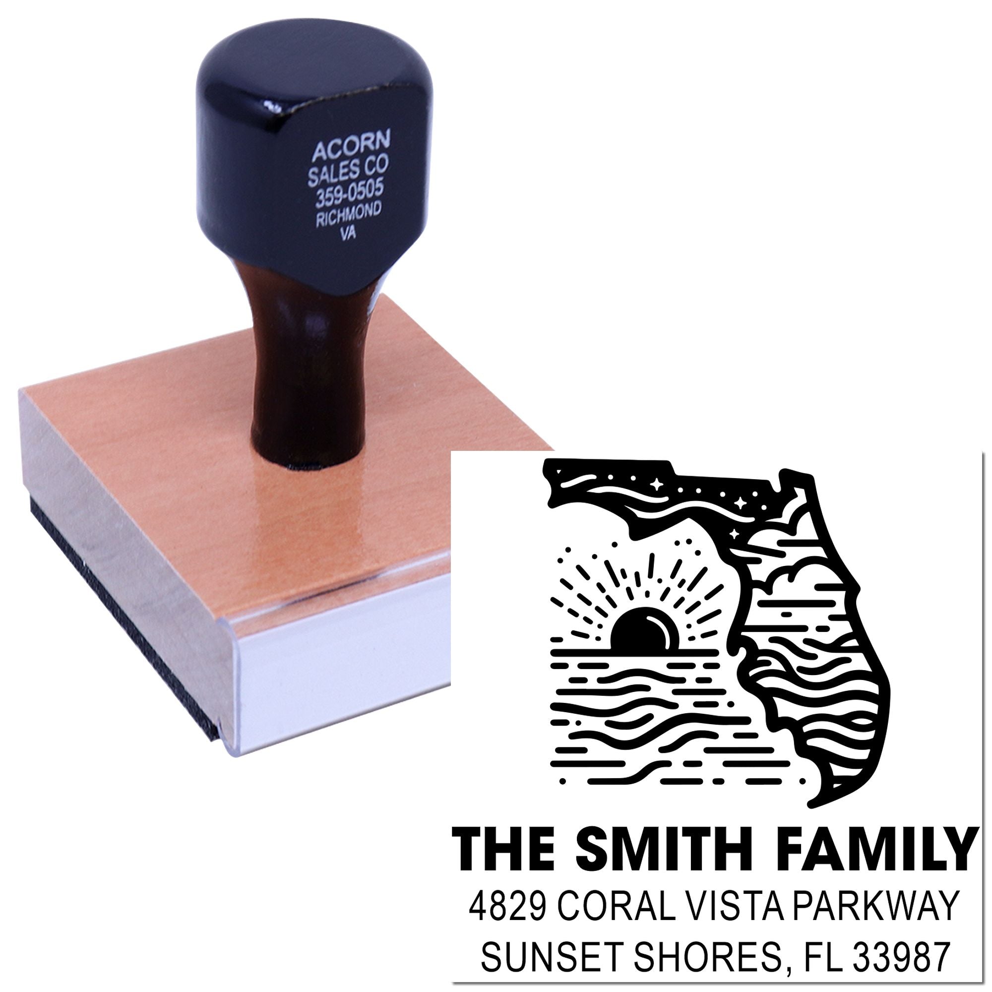 Custom address rubber stamp with Florida state design and family name for envelopes, cards, and wedding invitations.