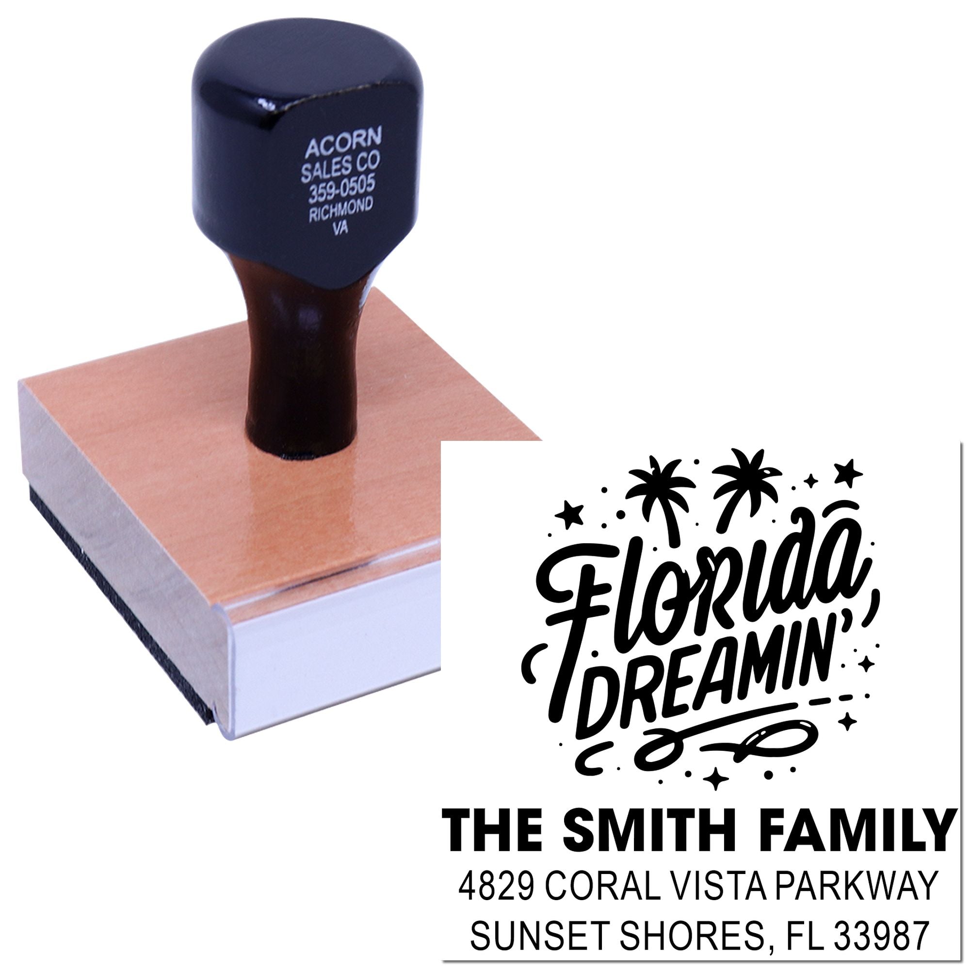Custom rubber address stamp for The Smith Family, featuring Florida Dreamin design and return address imprint.