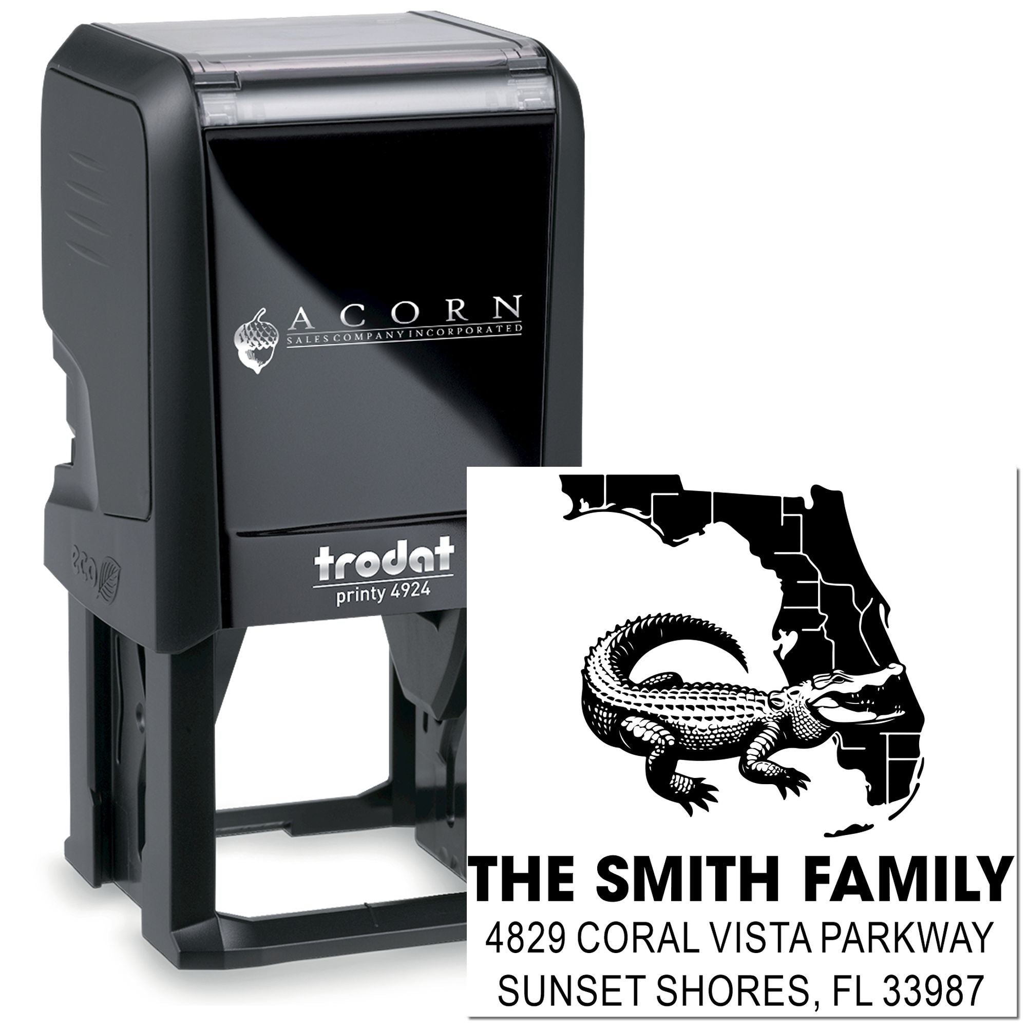 Custom self-inking rubber address stamp with Florida alligator design, family name, and return address for personalized mailing.