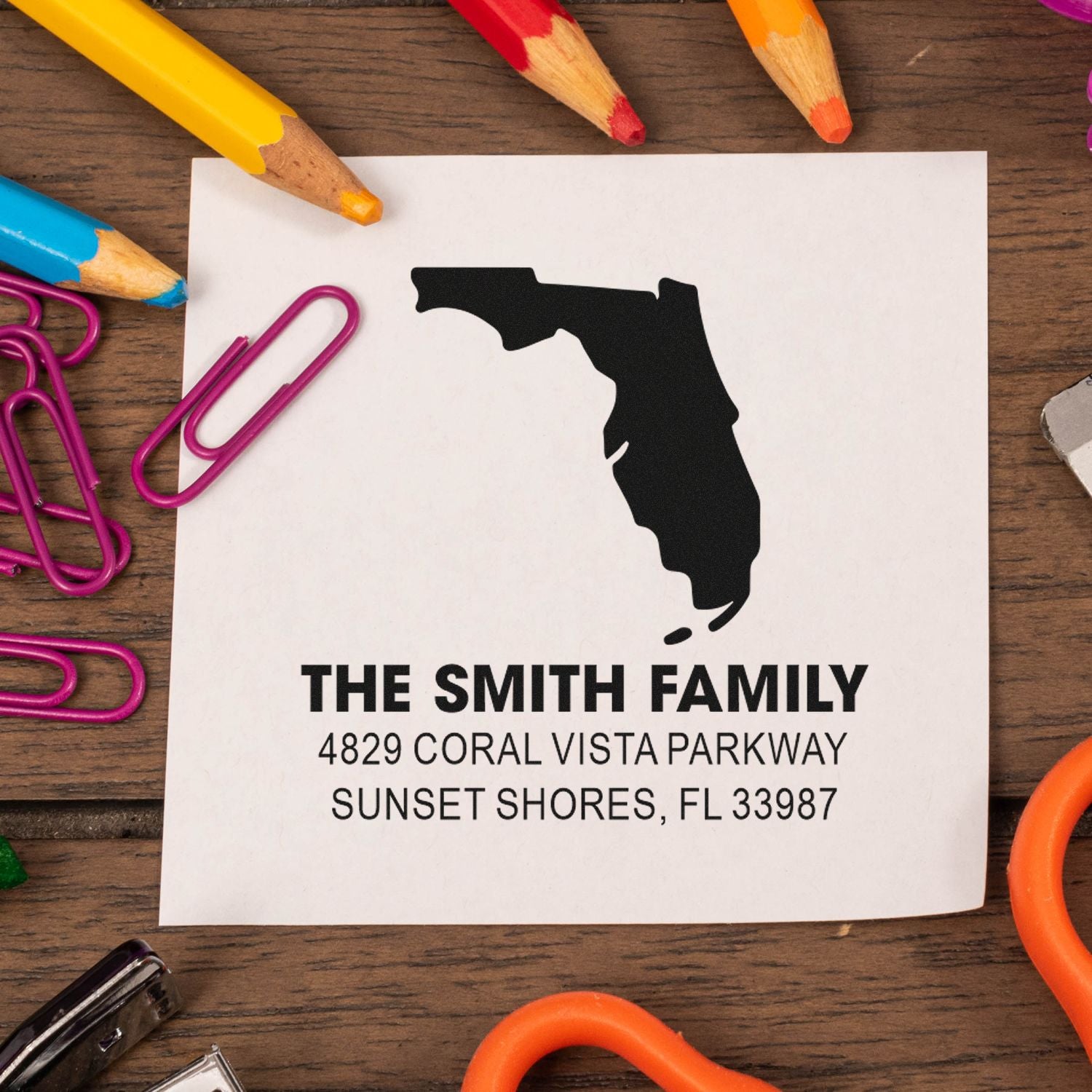 Custom Florida return address rubber stamp with family name and address for mail, stationery, and holiday cards.