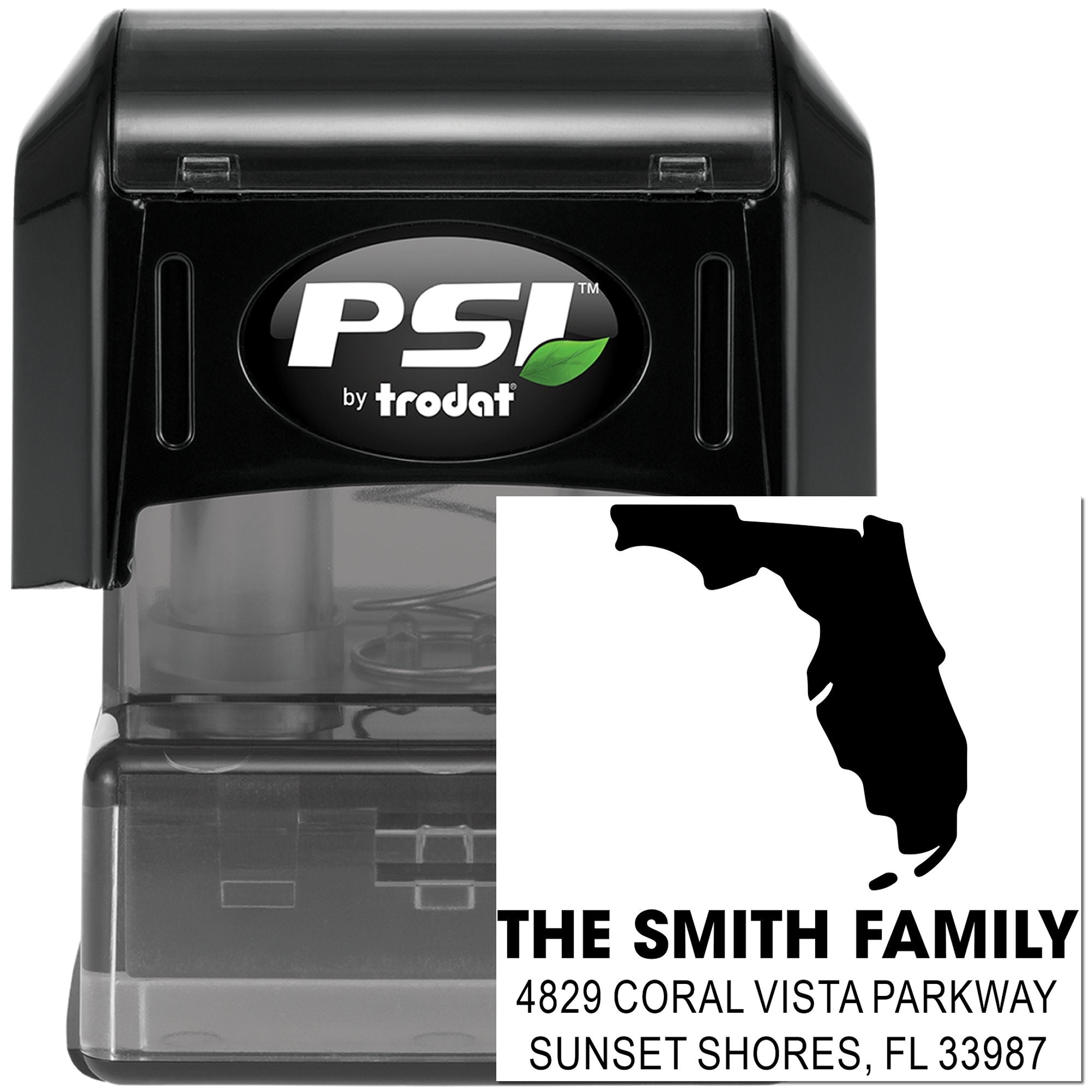 Custom self-inking return address stamp by PSI by Trodat with Florida design and family address.