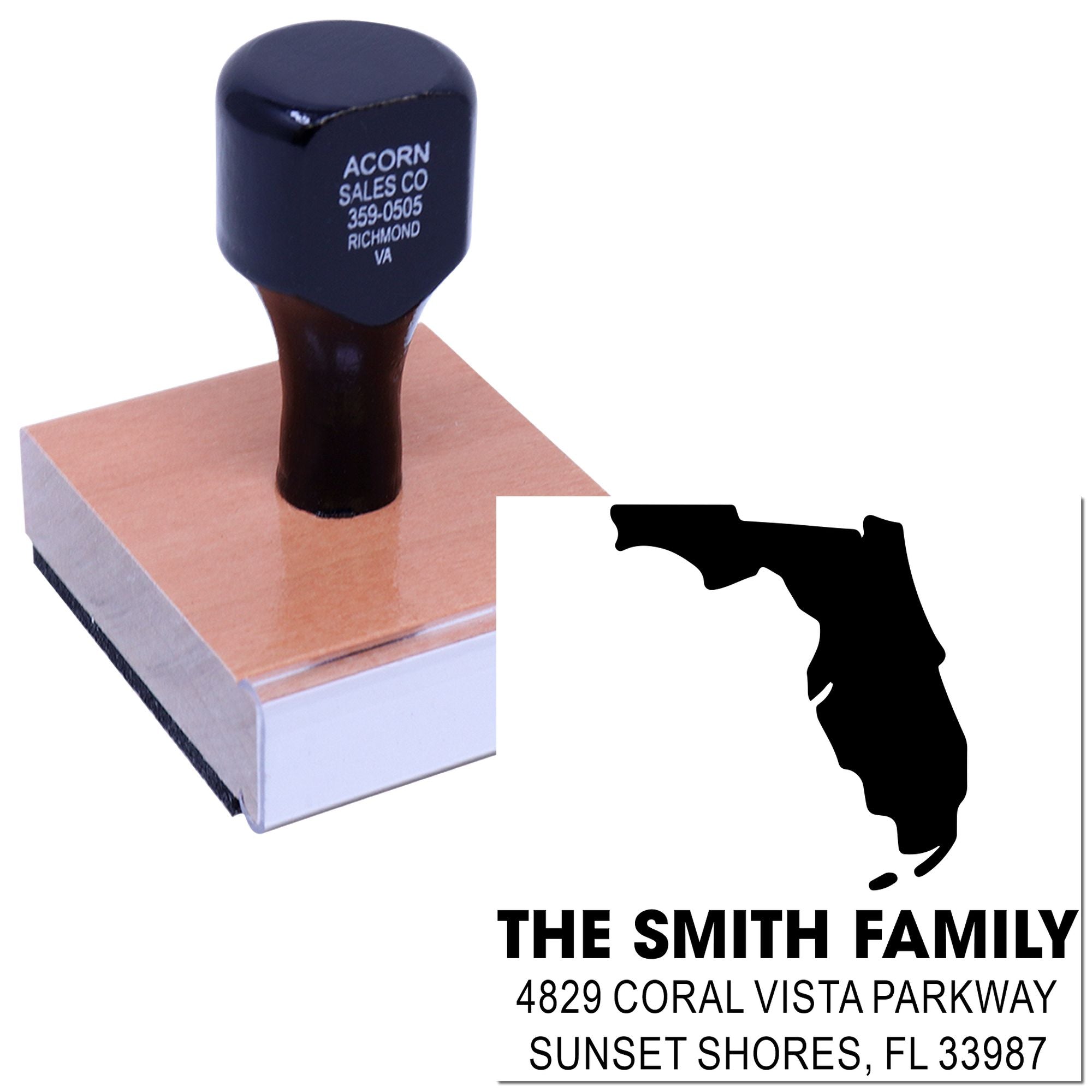 Custom Florida return address rubber stamp with family name and mailing address for personalized envelopes and home office use.