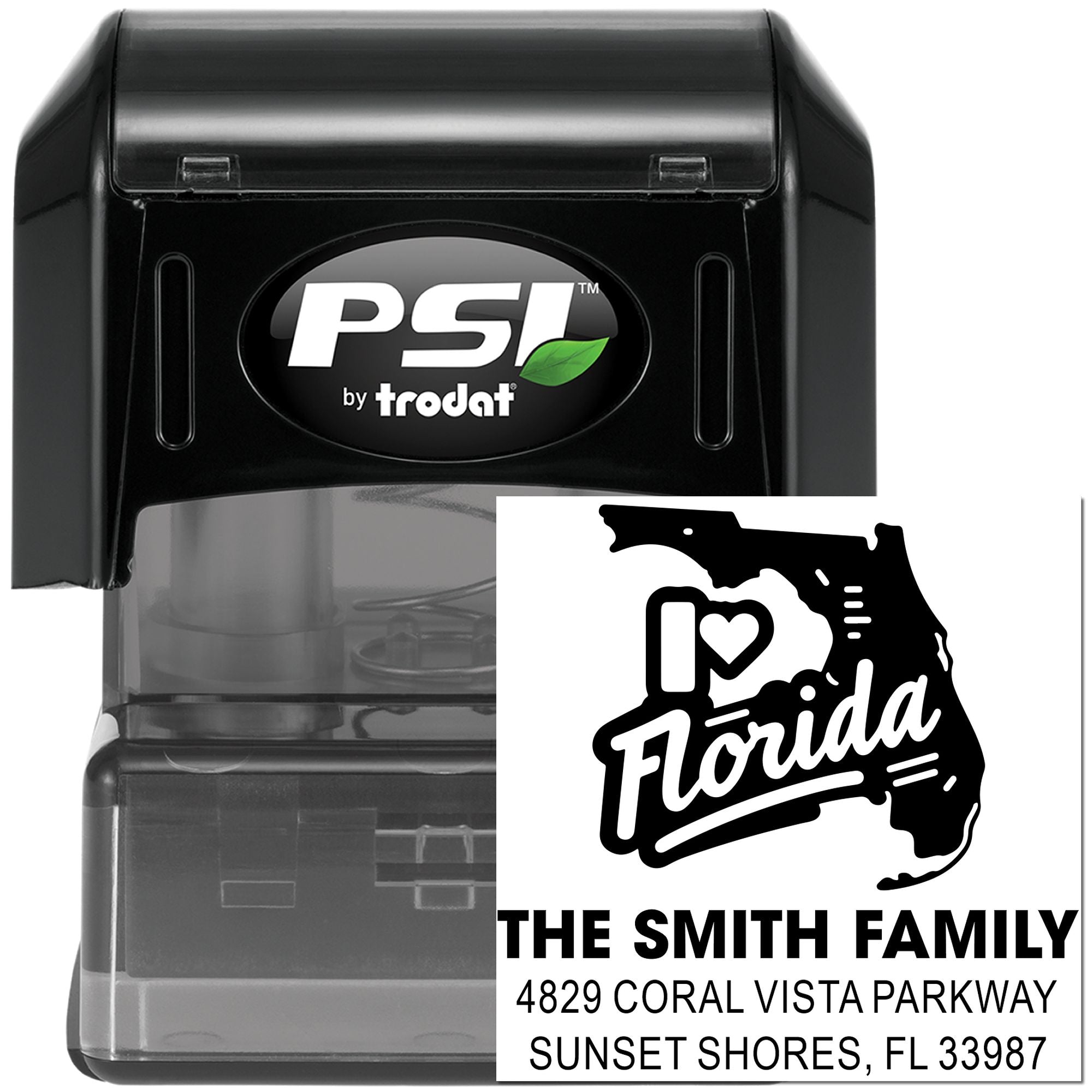 Custom Florida address stamp with self-inking PSI by Trodat, featuring I Love Florida and The Smith Family return address.