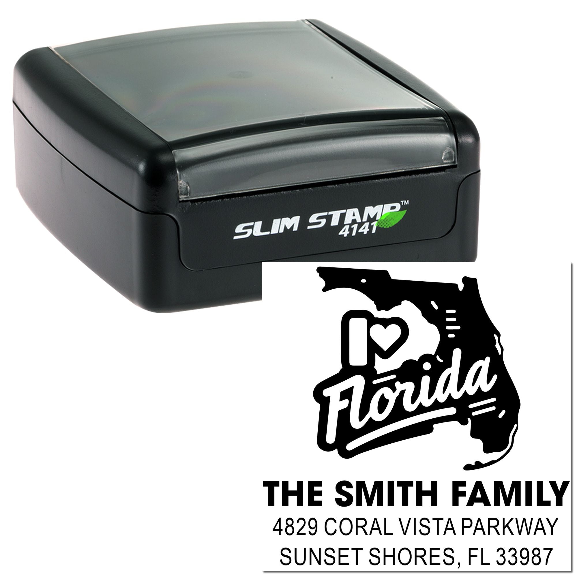 Custom I Love Florida return address rubber stamp with self-inking Slim Stamp 4141 for personalized mailings.