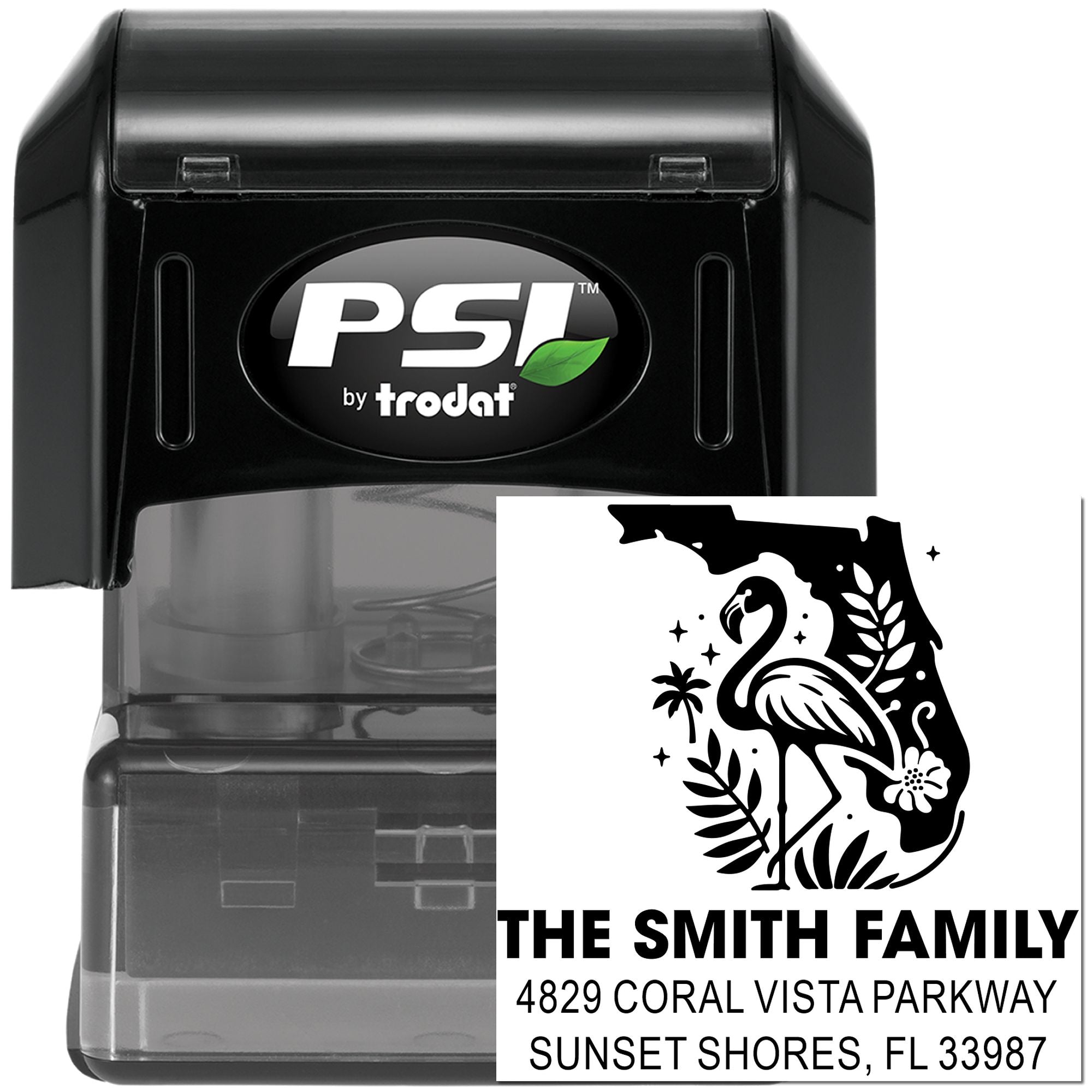 Custom self-inking rubber address stamp with Florida flamingo design and return address imprint