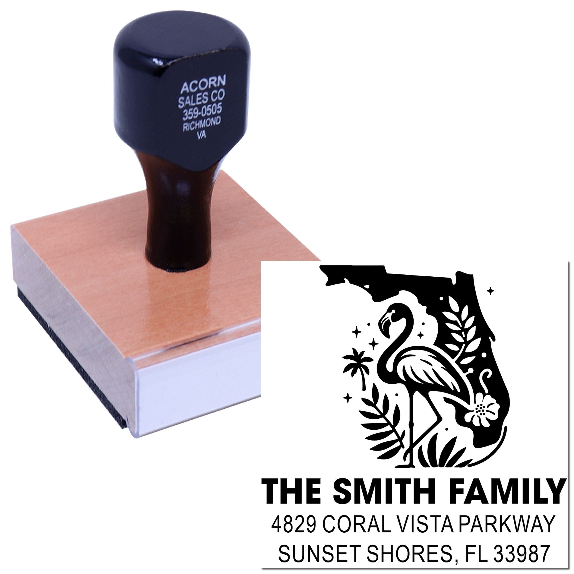 Custom return address rubber stamp with Florida flamingo design for The Smith Family, Sunset Shores, FL 33987.