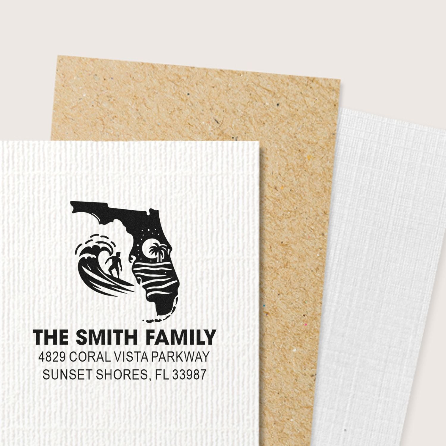 Custom return address rubber stamp with Florida surf design for The Smith Family, ideal for envelopes and invitations.