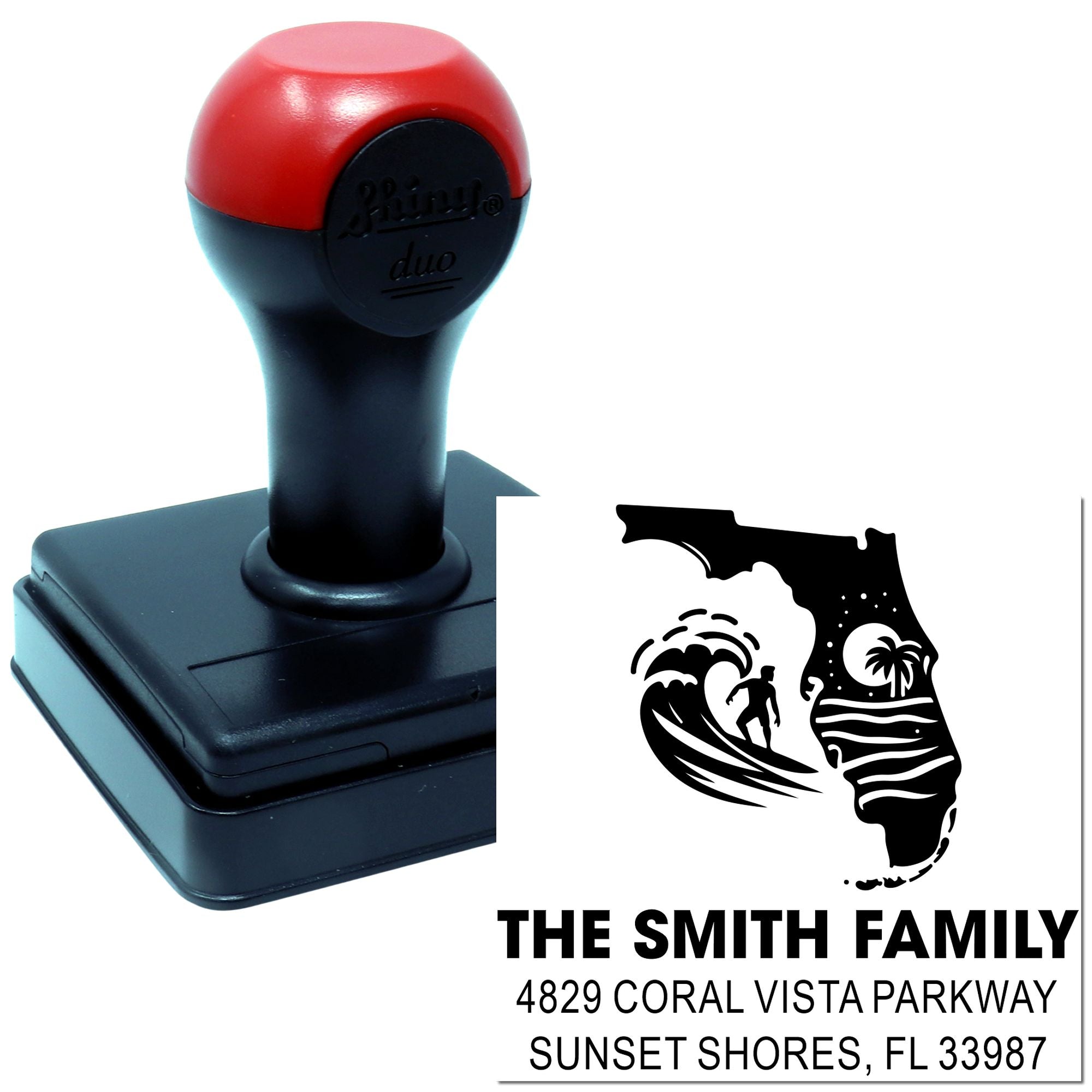 Custom self-inking rubber address stamp with Florida family design, ideal for personalized mail, branding, and return addresses.