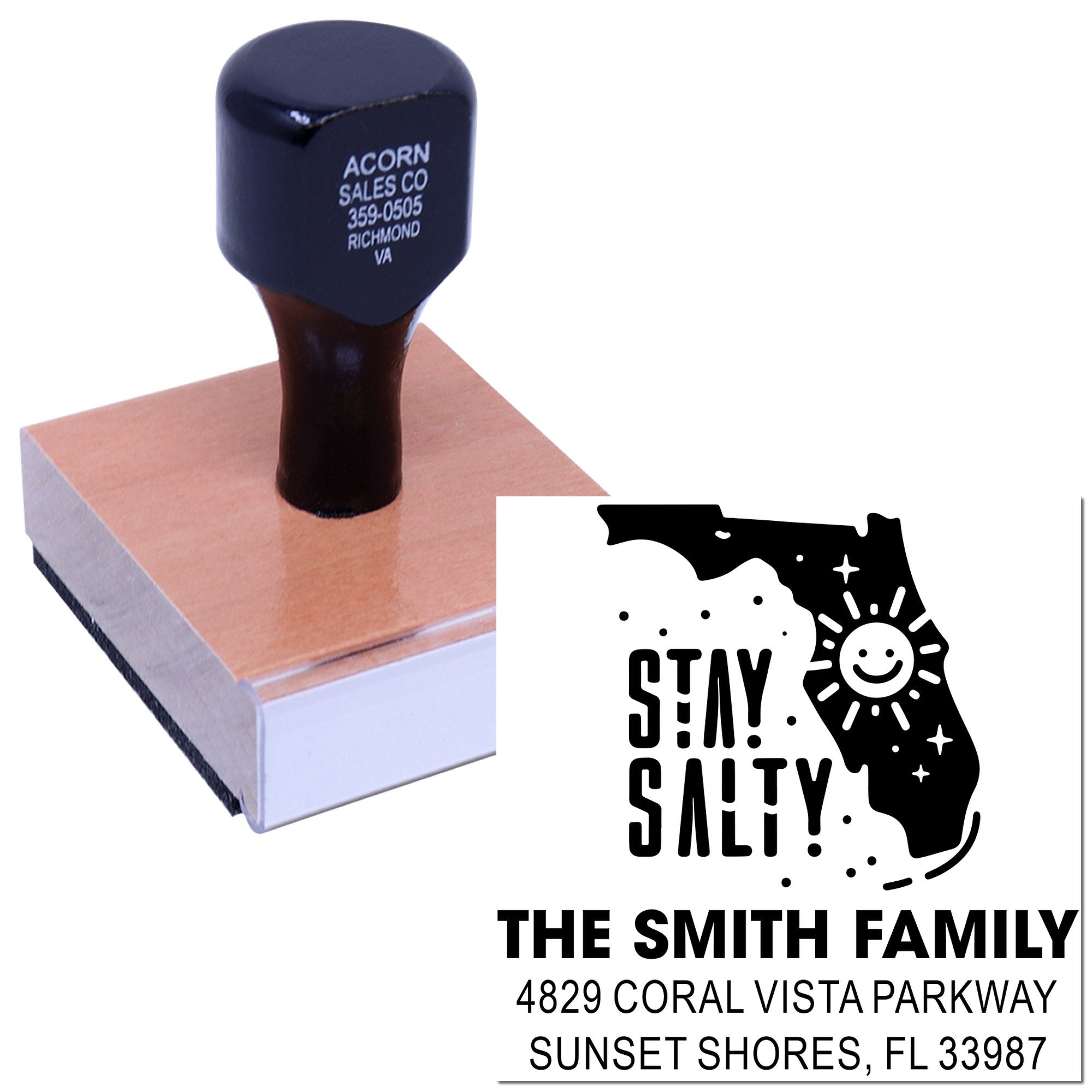 Custom rubber address stamp with Florida Stay Salty design for The Smith Family return address imprint.