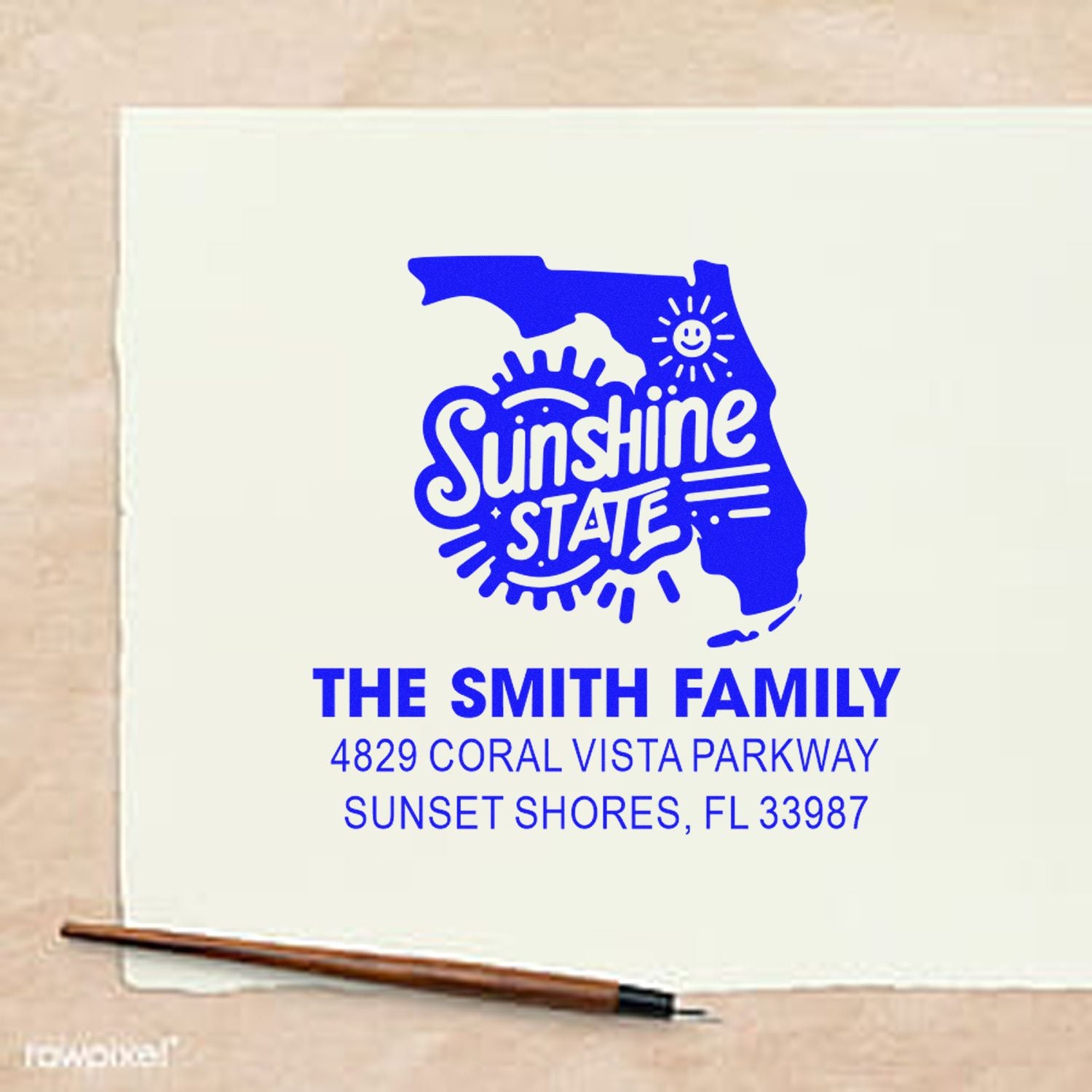 Custom Florida Sunshine State return address rubber stamp for The Smith Family with Sunset Shores, FL address.