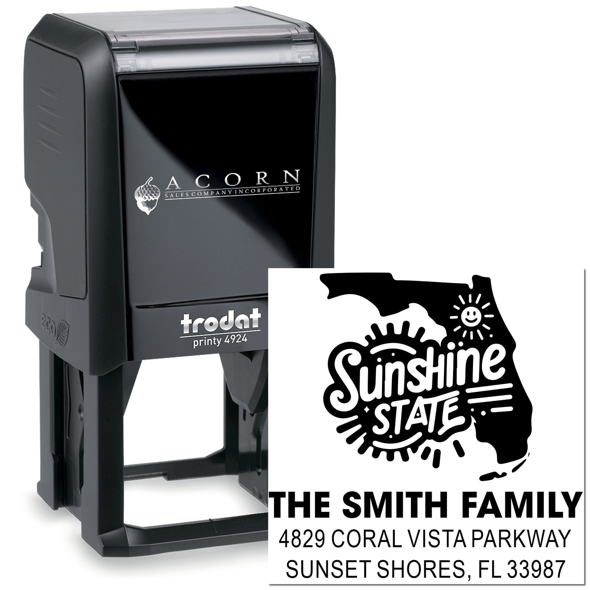 Custom self-inking rubber stamp with Florida Sunshine State design and return address for The Smith Family.