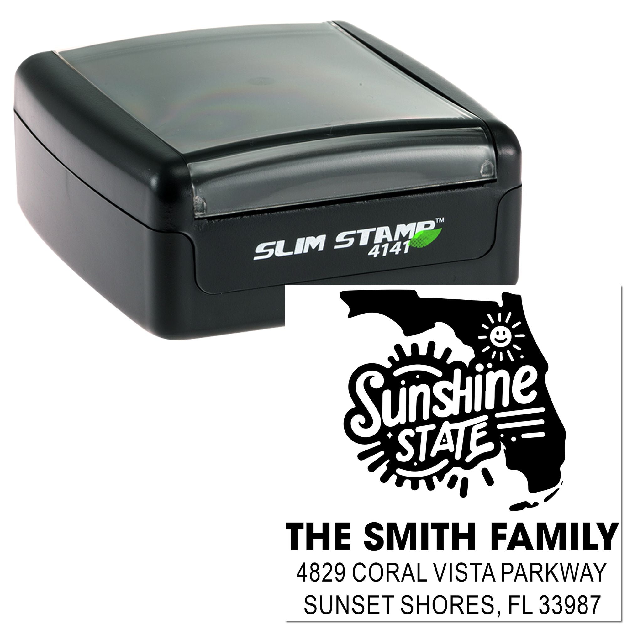 Slim Stamp self-inking rubber stamp with custom Florida Sunshine State family address design for personalized mailings.