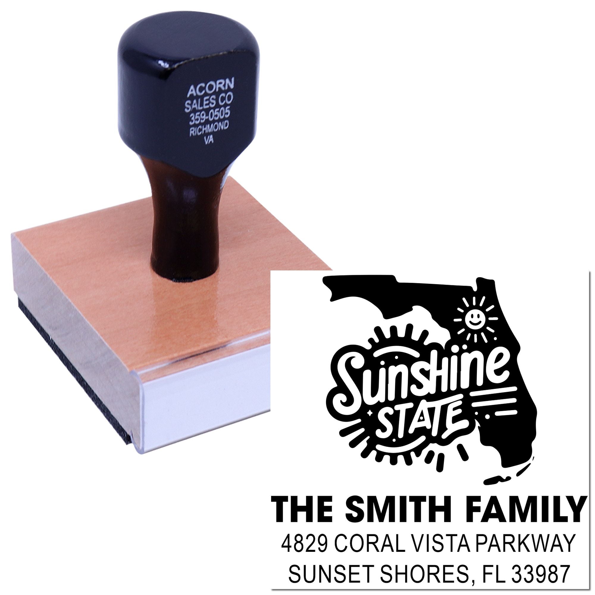 Custom Florida Sunshine State return address rubber stamp for The Smith Family with personalized address imprint.