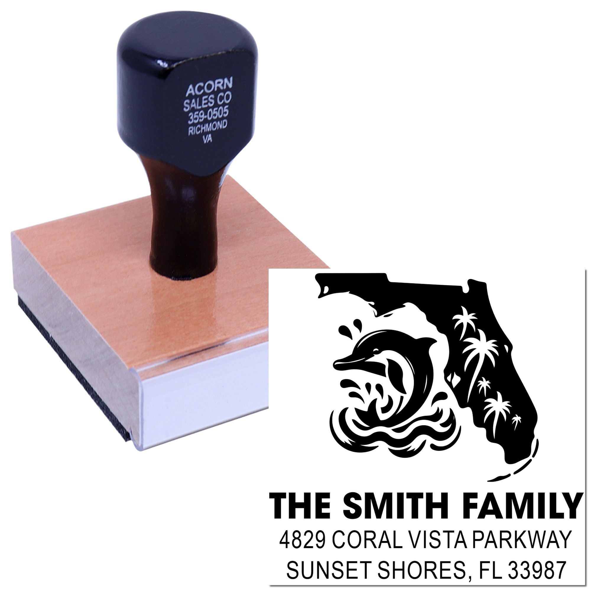 Custom Florida self-inking rubber stamp with dolphin design and personalized name and address for return addressing.