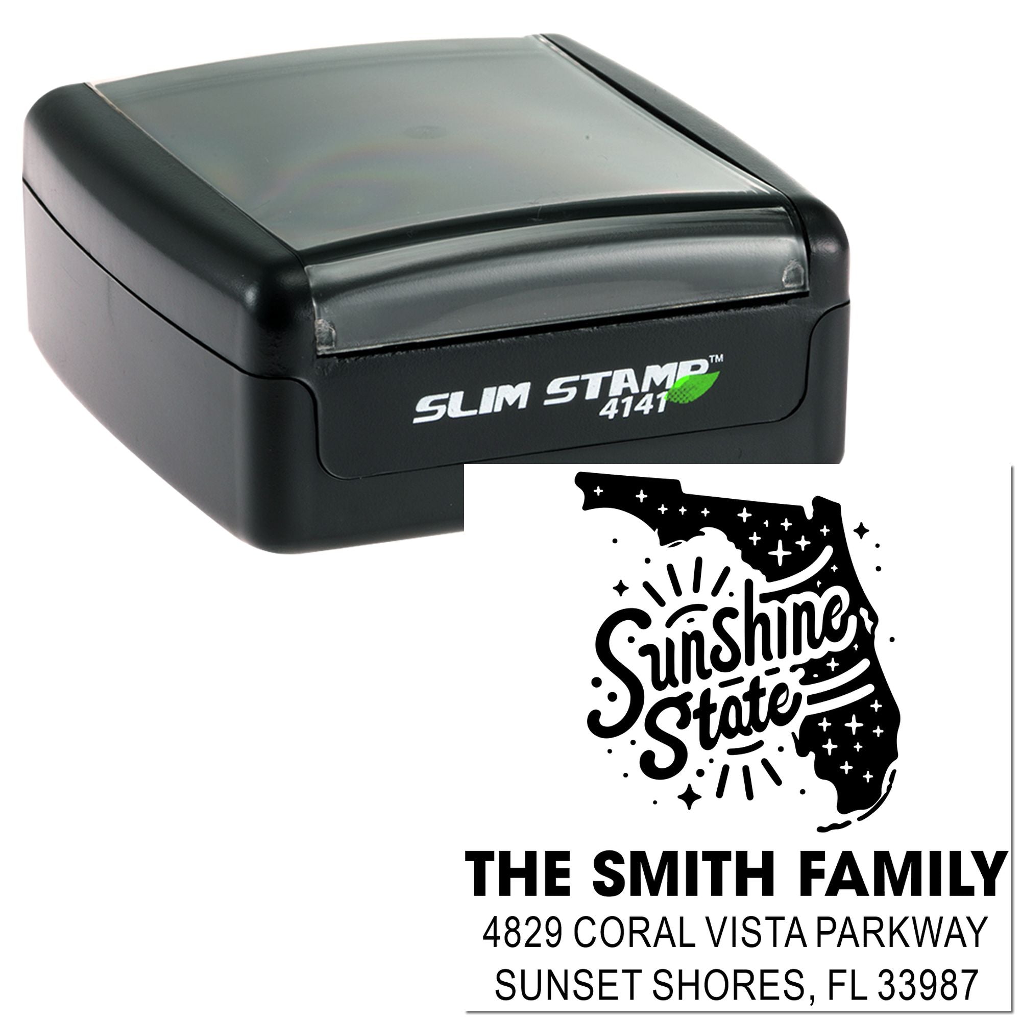 Slim Stamp 4141 self-inking custom Florida address rubber stamp with Sunshine State design for The Smith Family.