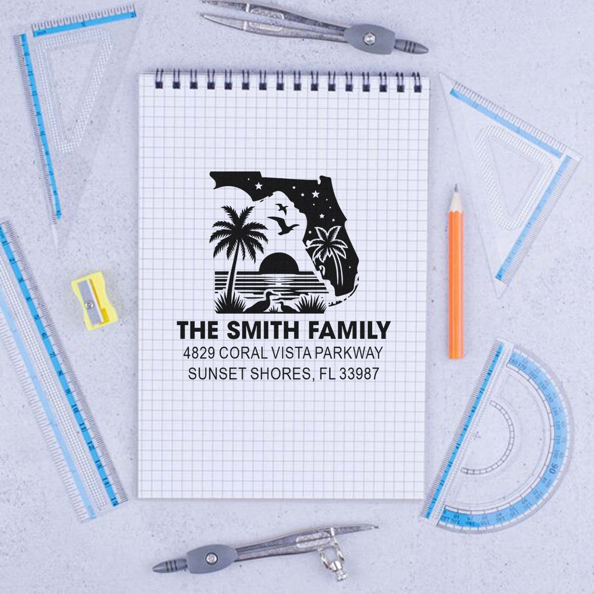 Custom Florida return address rubber stamp with beach sunset design and family name for envelopes