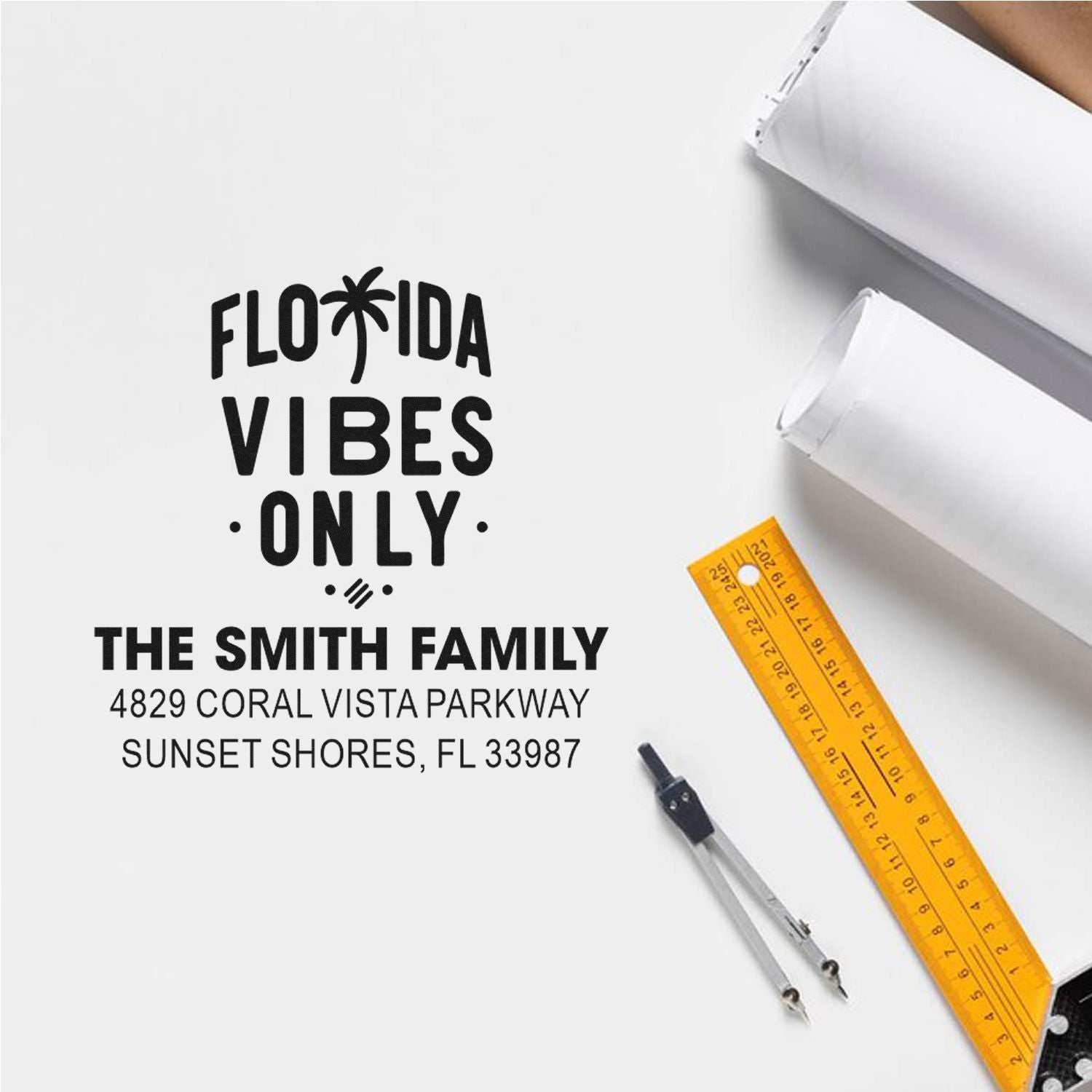 Custom rubber stamp design for The Smith Family, featuring Florida Vibes Only and address details for mail and packaging.