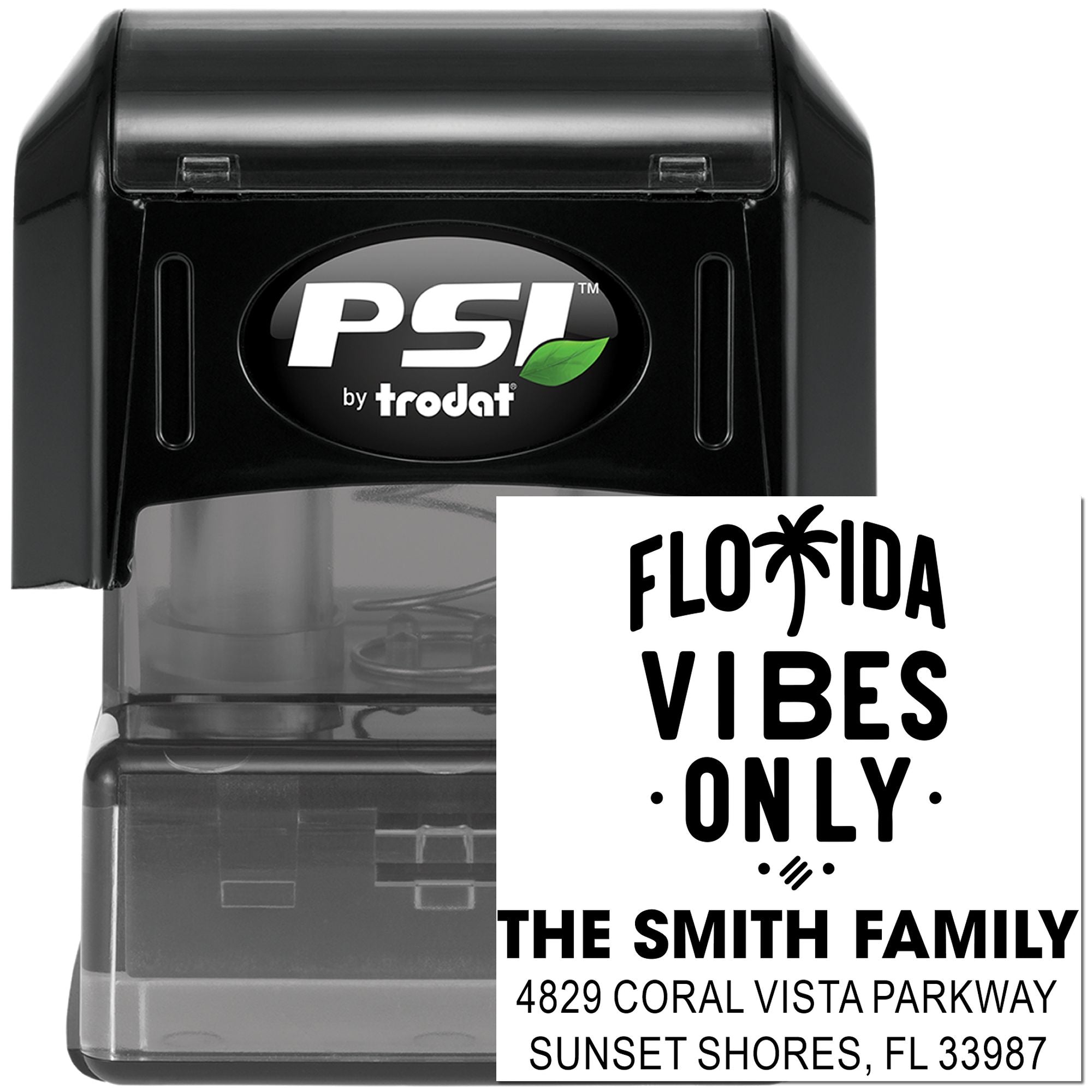 Custom self-inking rubber address stamp by PSI by Trodat featuring Florida Vibes Only family return address design.
