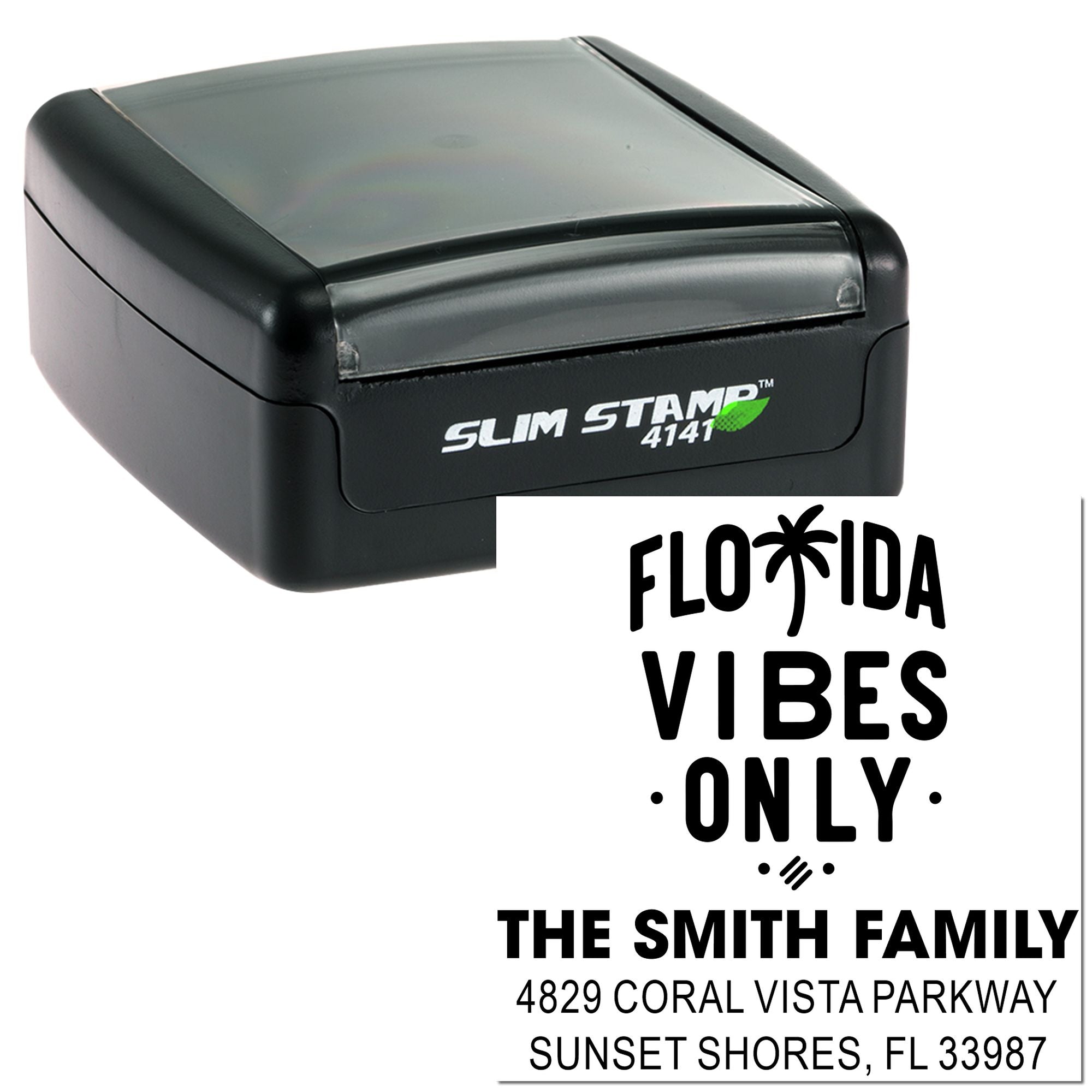 Slim Stamp 4141 self-inking rubber address stamp with custom Florida Vibes Only return address design for family mailing.