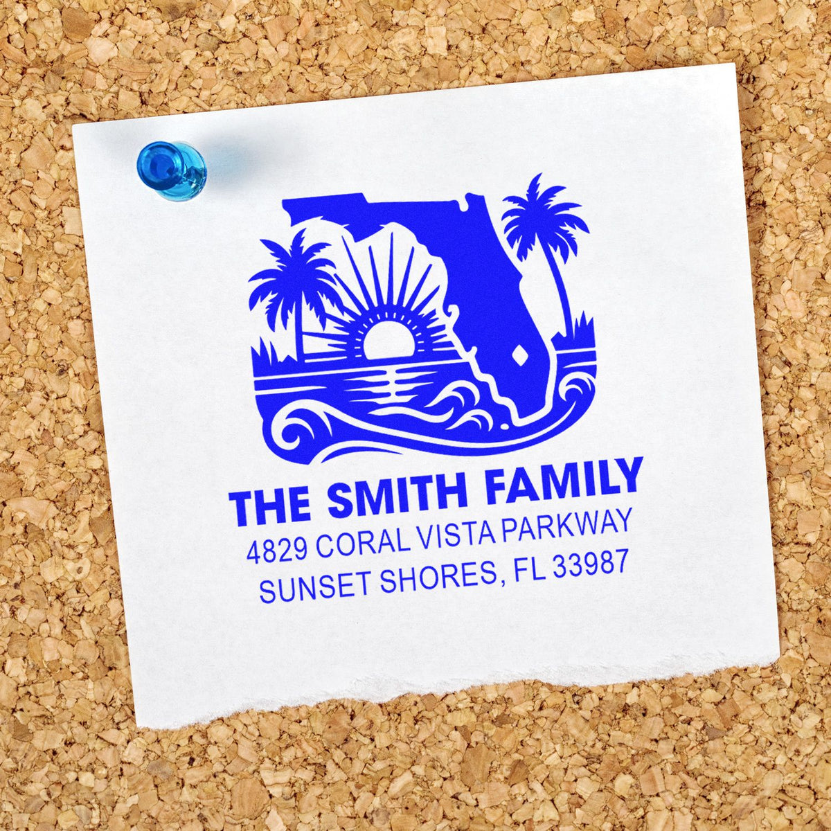 Custom rubber stamp with Florida sunset design and return address for The Smith Family, Sunset Shores, FL.